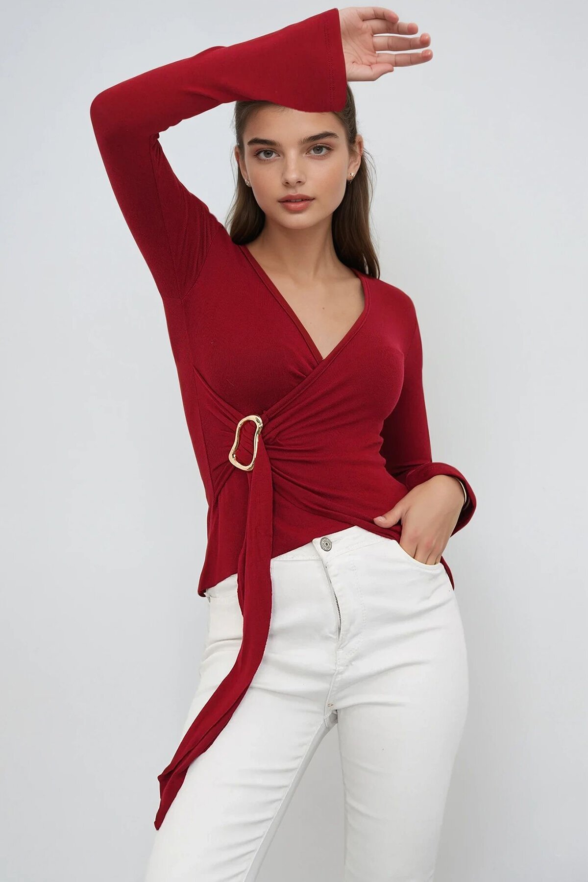 V Yaka Gold Aksesuarlı Ottaban Bluz