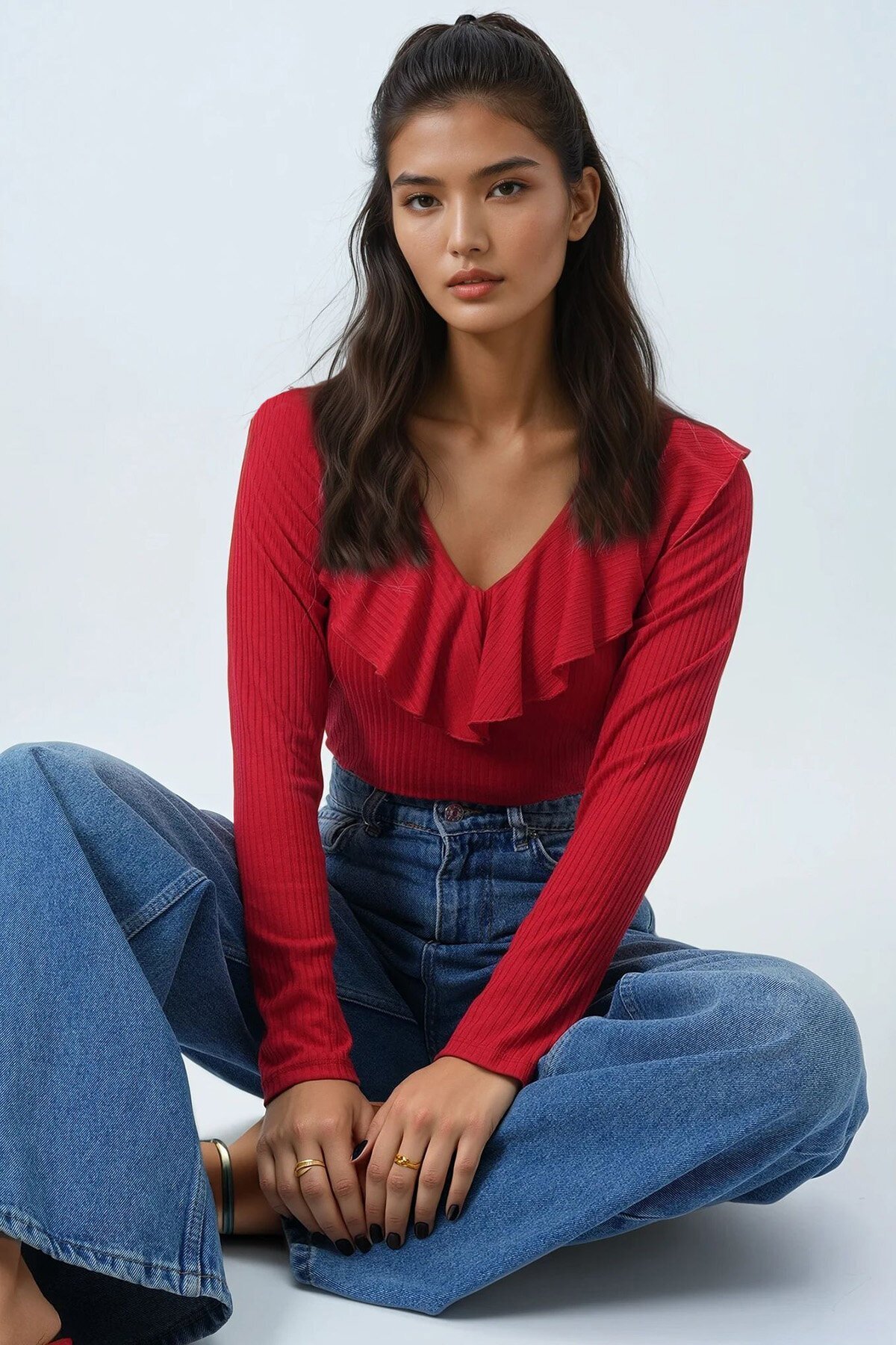 V Yaka Volanlı Yumuşak Dokulu Bluz