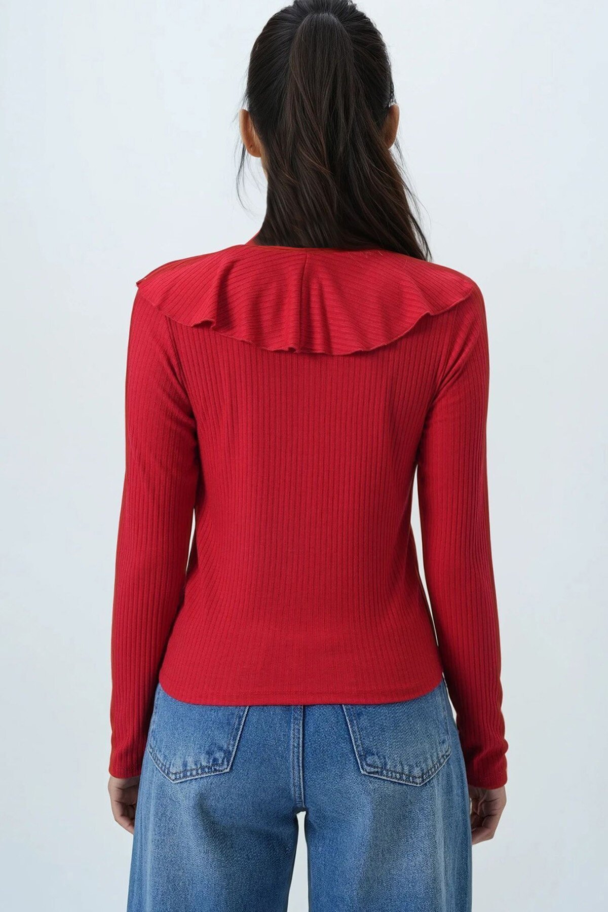 V Yaka Volanlı Yumuşak Dokulu Bluz