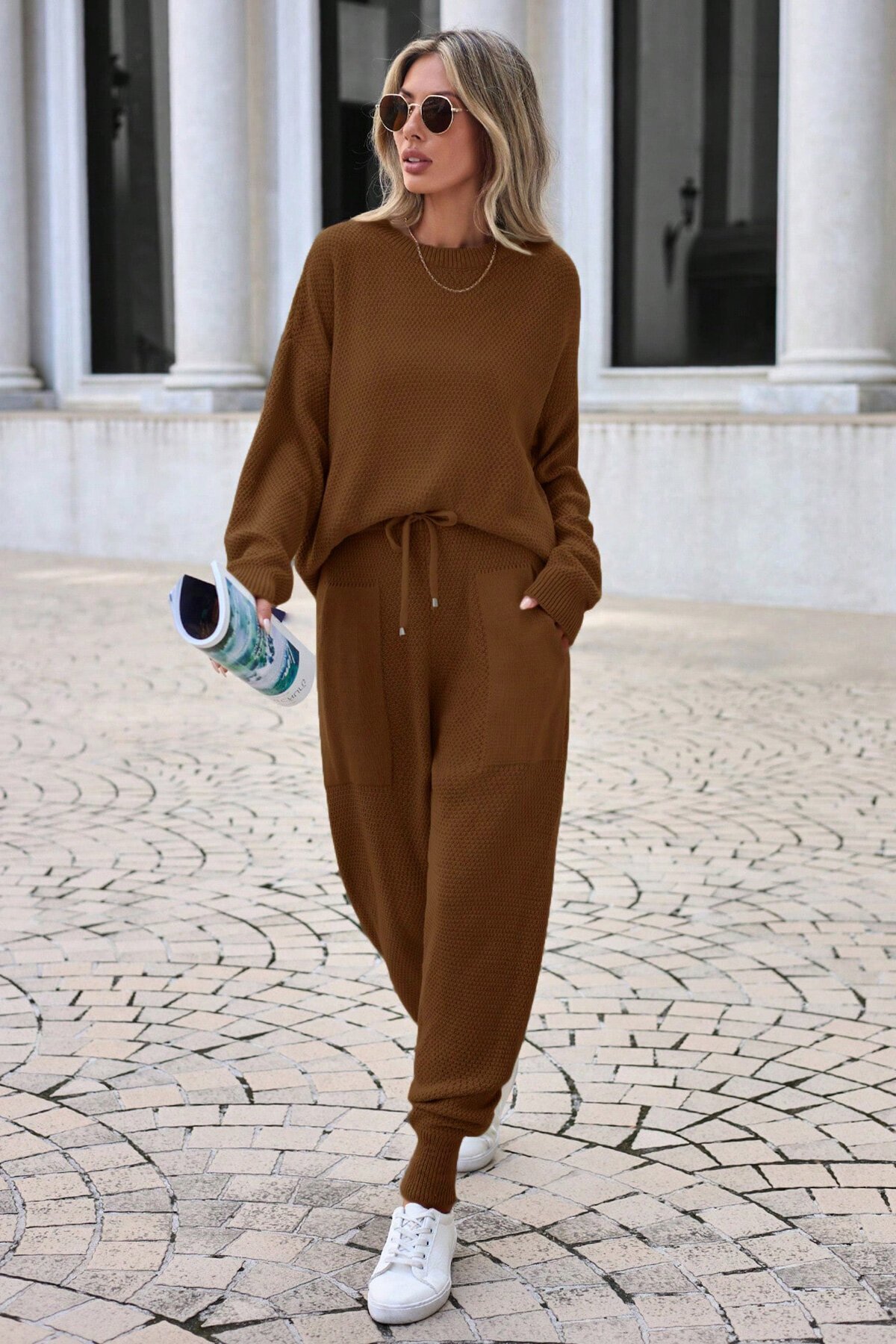 Vizon Triko Bisiklet Yaka Uzun Kollu Bluz ve Bağcıklı Jogger Pantolon Takım