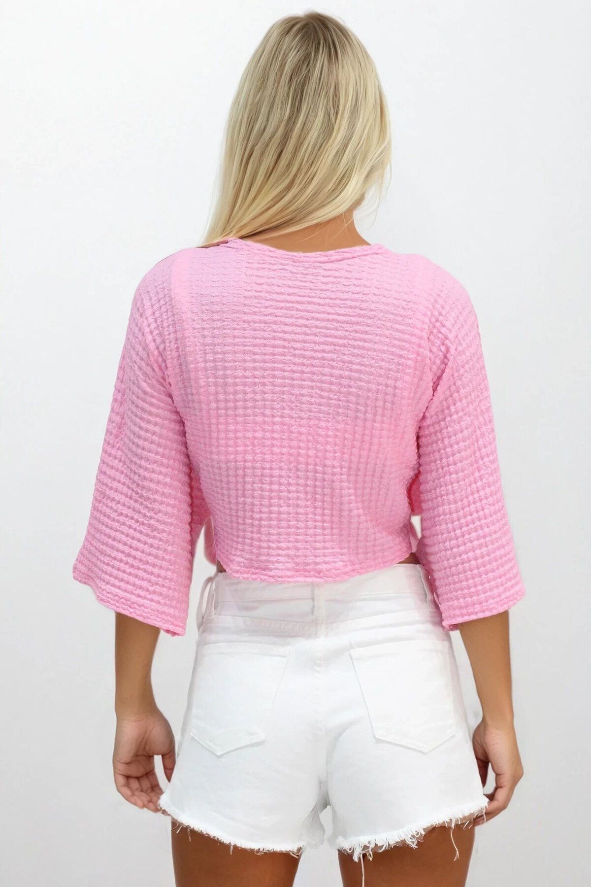 Yarasa Kol Bağlama Detaylı Bürümcük Crop Bluz