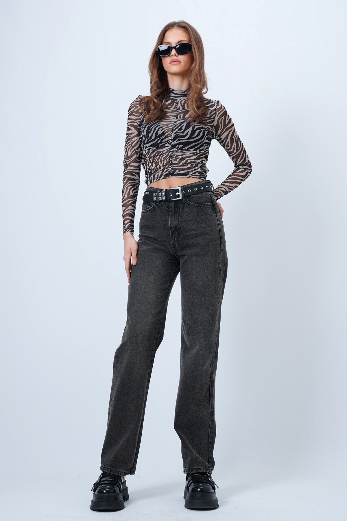 Yüksek Bel Düz Paça 5 Cepli Denim Pantolon