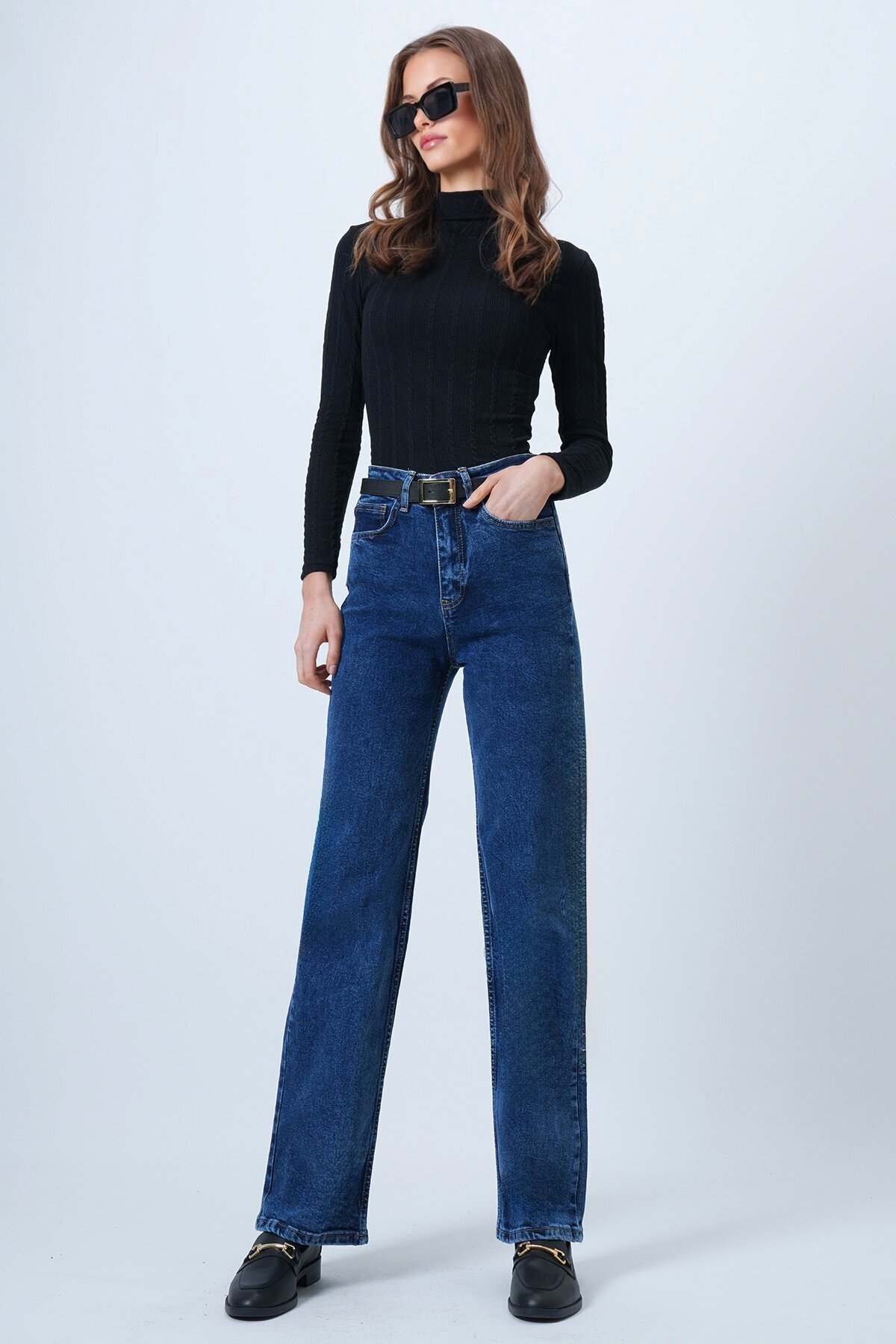 Yüksek Bel Düz Paça 5 Cepli Denim Pantolon