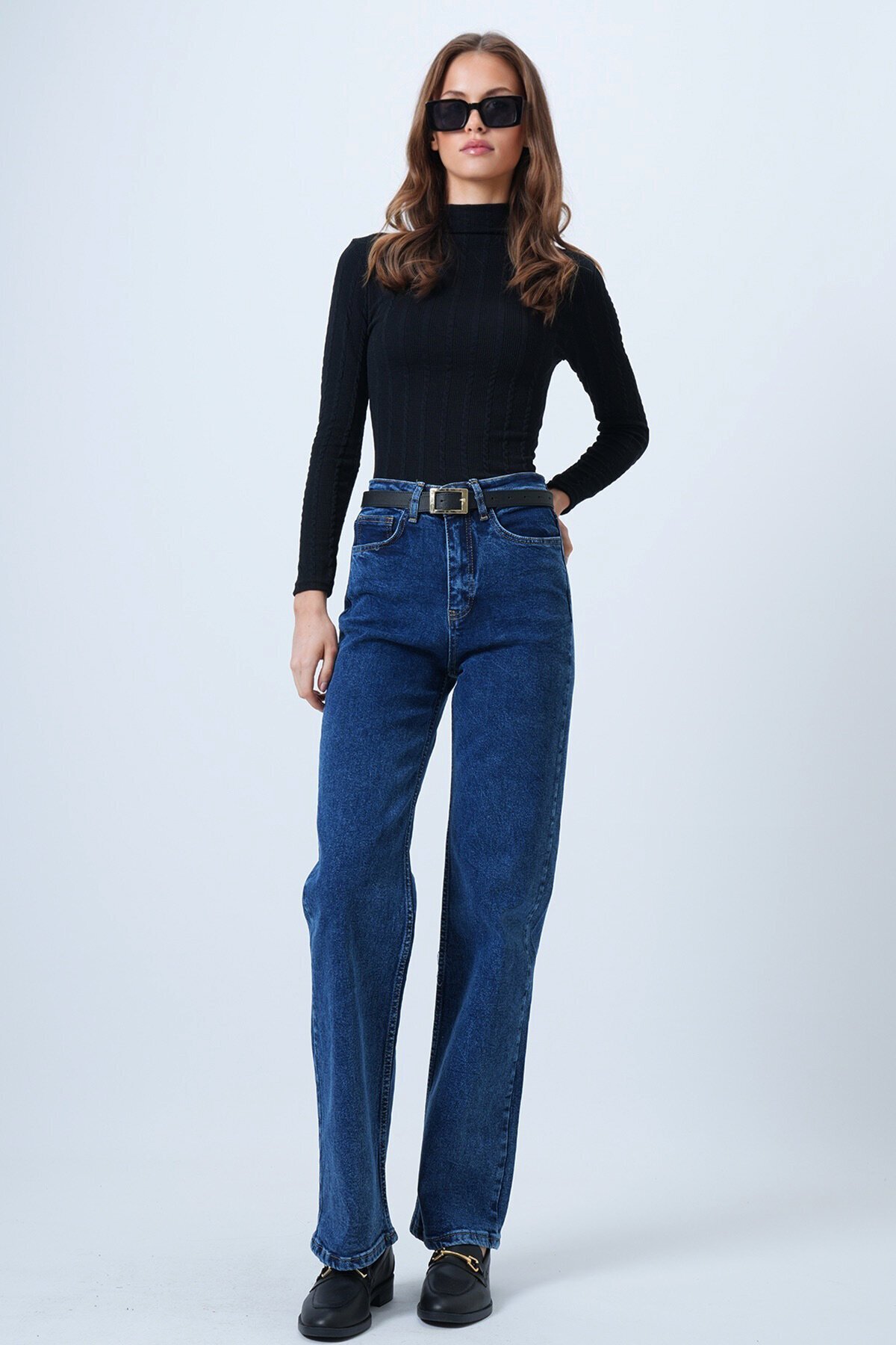 Yüksek Bel Düz Paça 5 Cepli Denim Pantolon