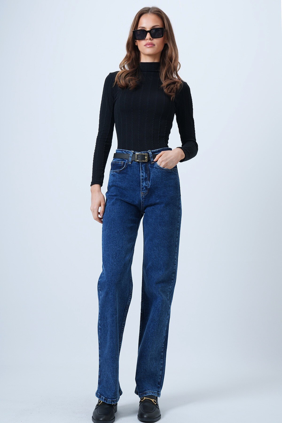 Yüksek Bel Düz Paça 5 Cepli Denim Pantolon