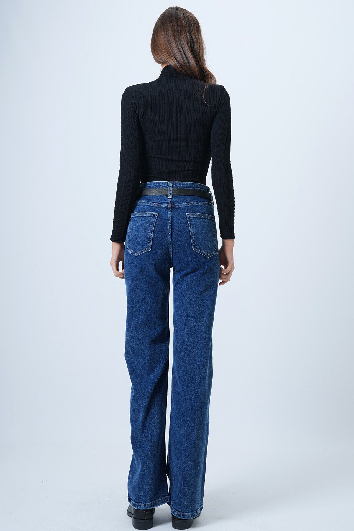 Yüksek Bel Düz Paça 5 Cepli Denim Pantolon