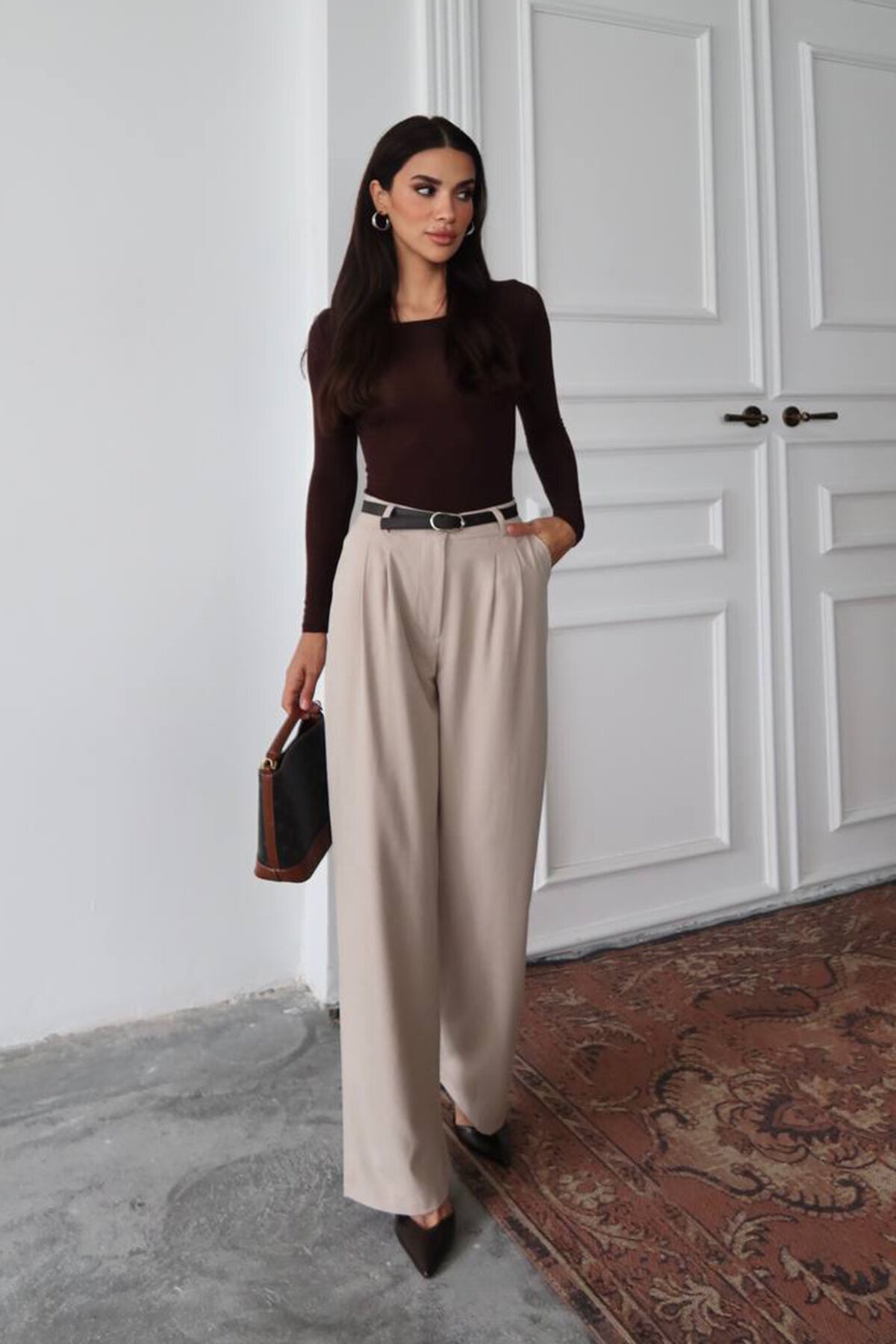 Yüksek Bel Kemerli Palazzo Pantolon