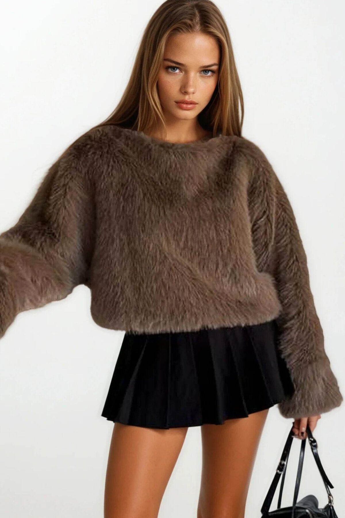 Yumuşak Dokulu Uzun Kollu Oversize Kürk Sweatshirt