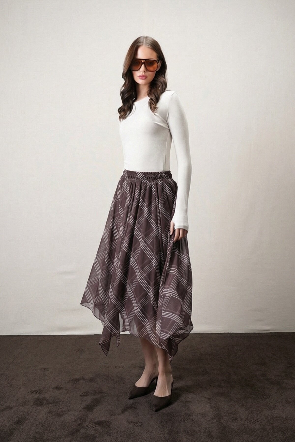 Kahverengi Asimetrik Ekoseli Etek