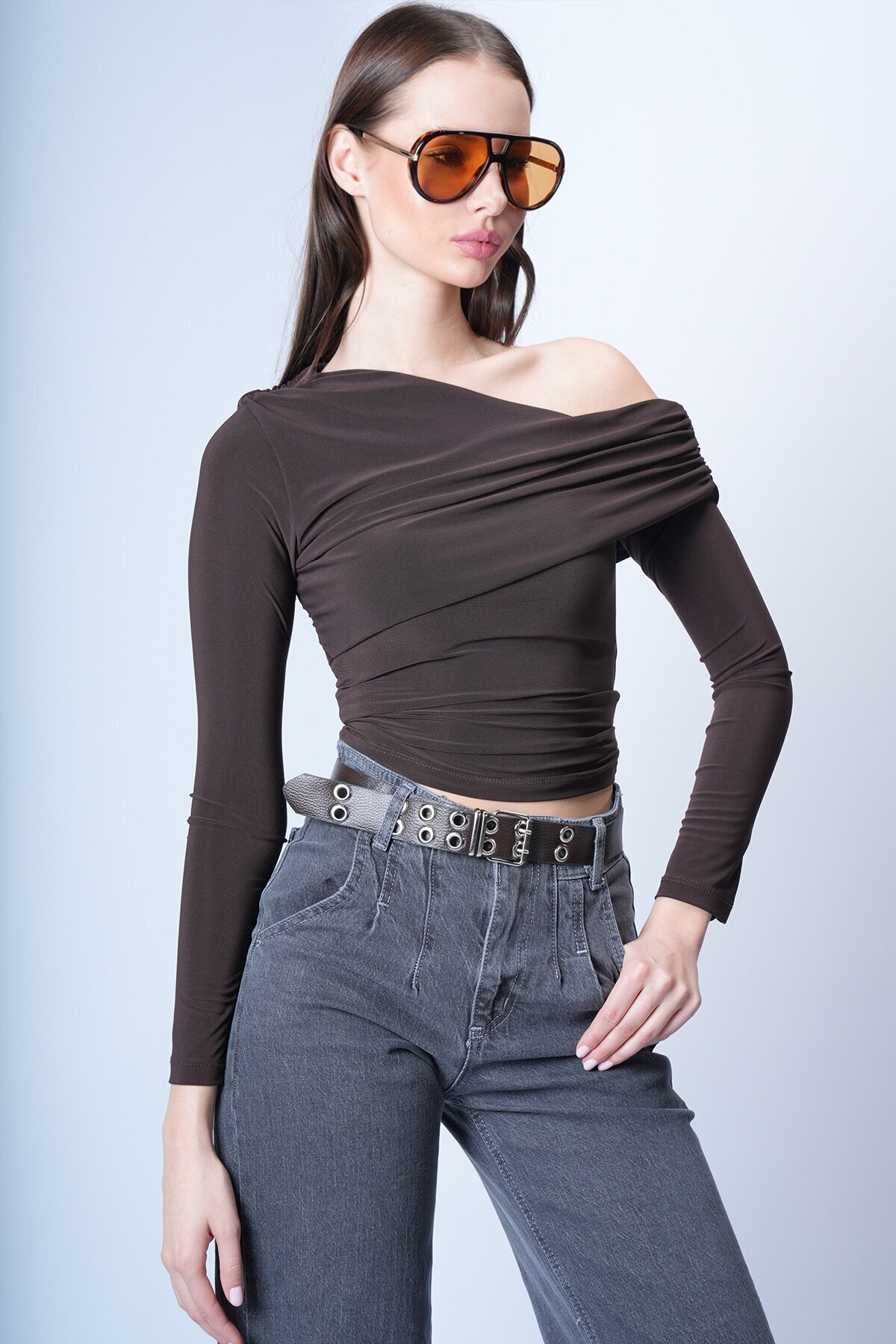 Acı Kahve Asimetrik Likralı Bluz