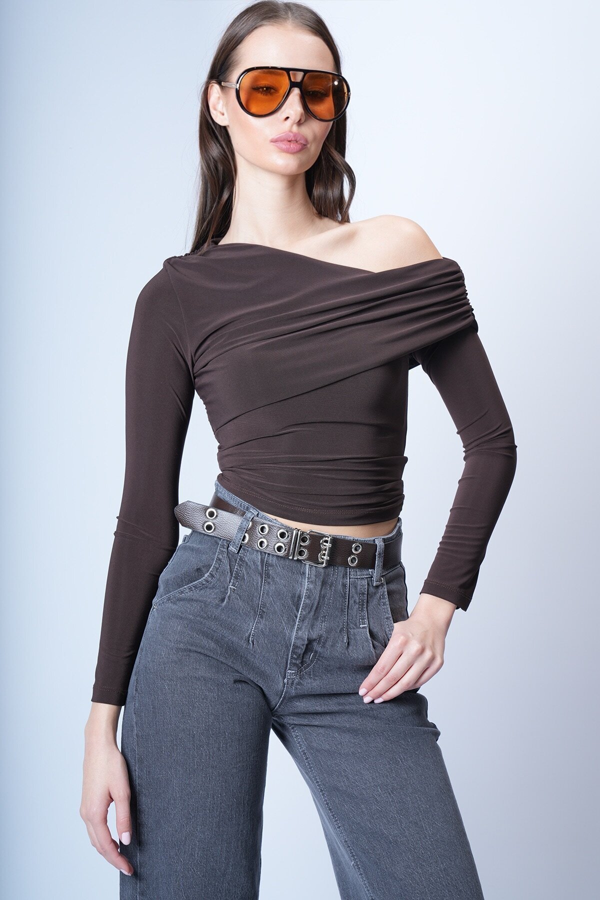 Acı Kahve Asimetrik Likralı Bluz