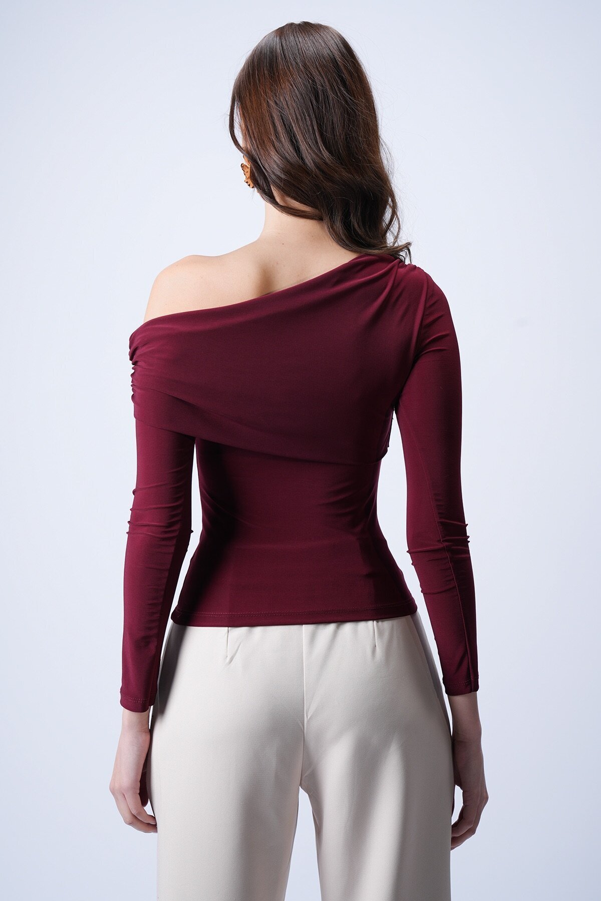 Bordo Asimetrik Likralı Bluz