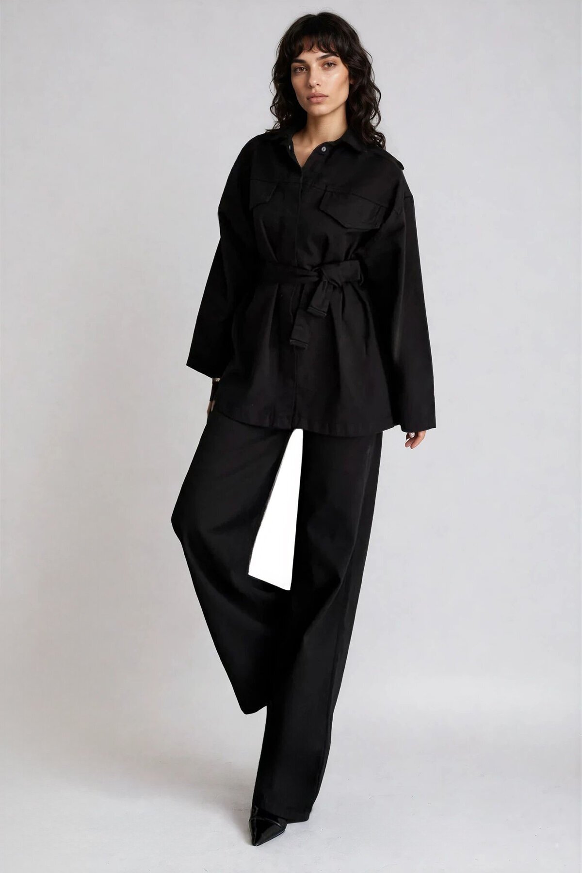 Bağlamalı Gömlek ve 5 Cepli Palazzo Pantolon Denim Takım