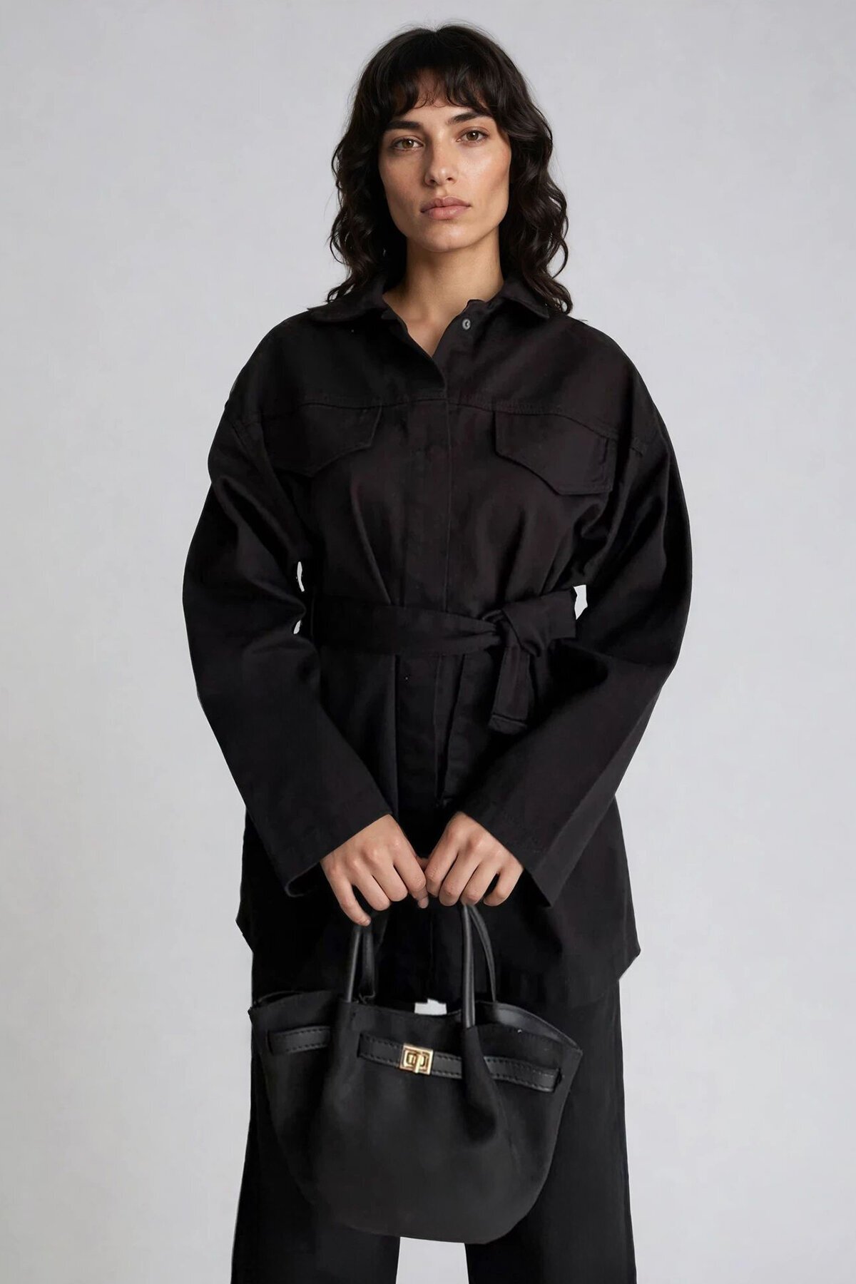 Bağlamalı Gömlek ve 5 Cepli Palazzo Pantolon Denim Takım