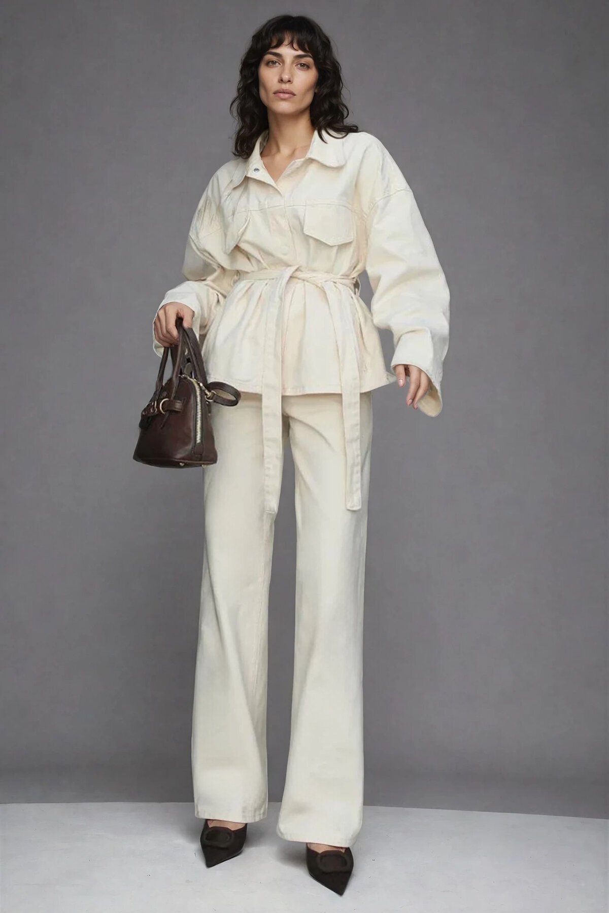 Bağlamalı Gömlek ve 5 Cepli Palazzo Pantolon Denim Takım