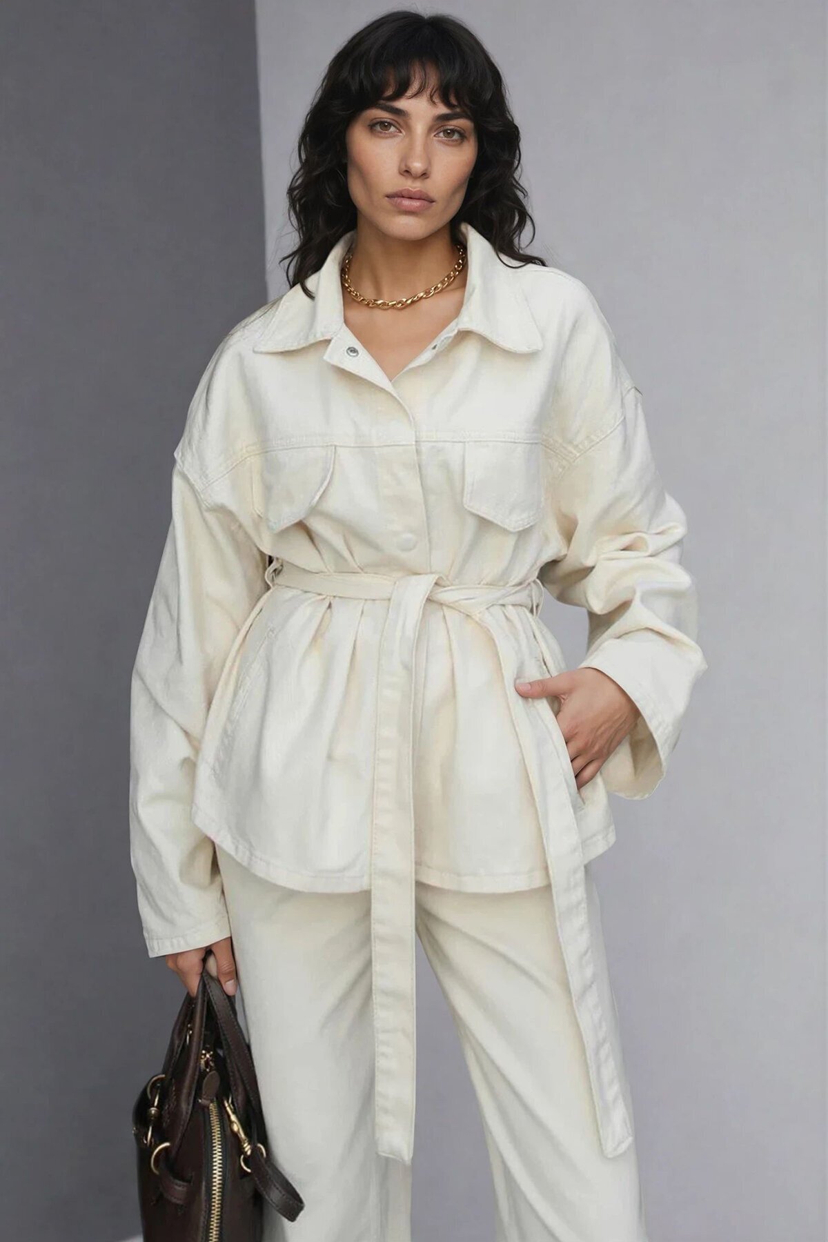 Bağlamalı Gömlek ve 5 Cepli Palazzo Pantolon Denim Takım