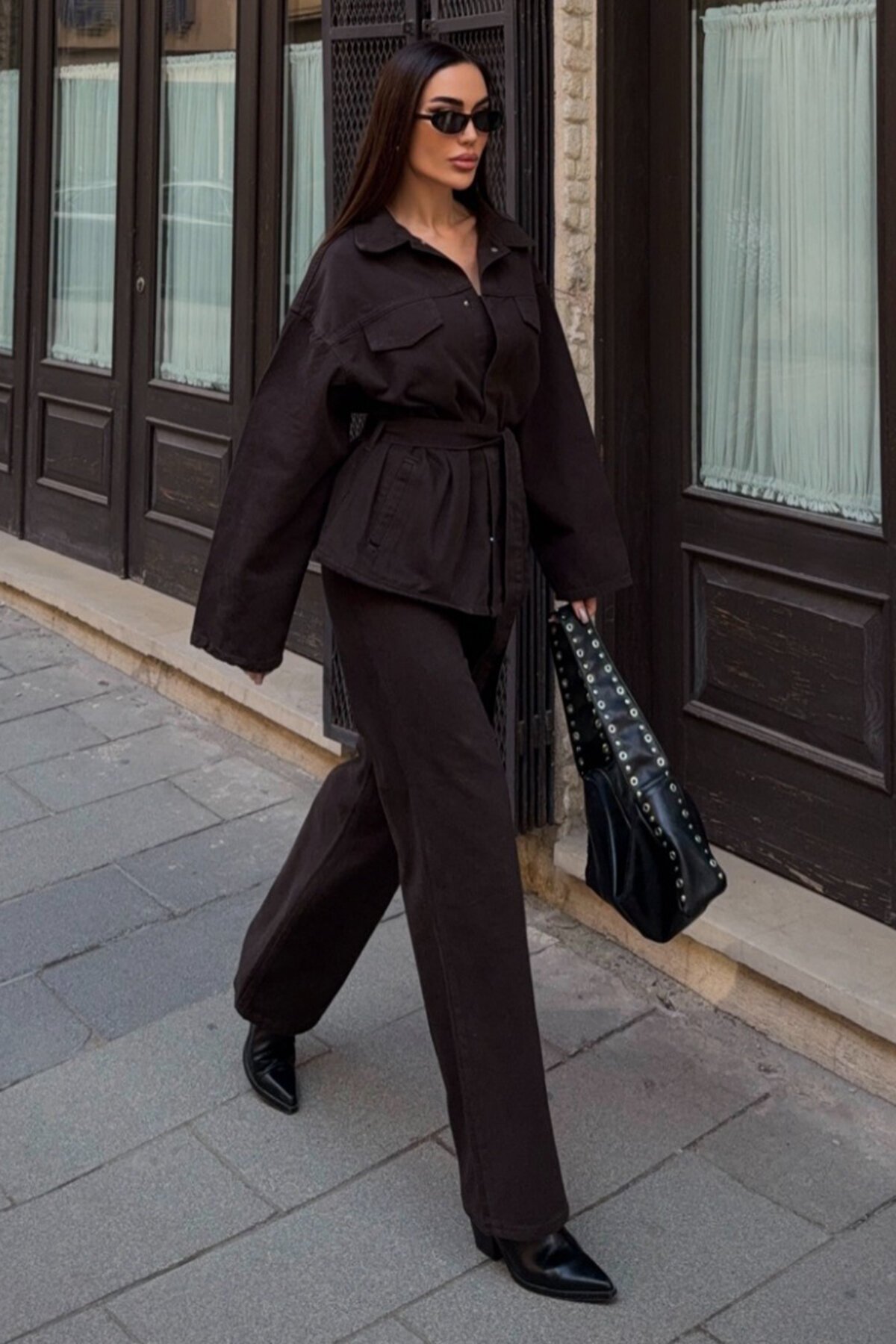 Bağlamalı Gömlke ve 5 Cepli Palazzo Pantolon Denim Takım