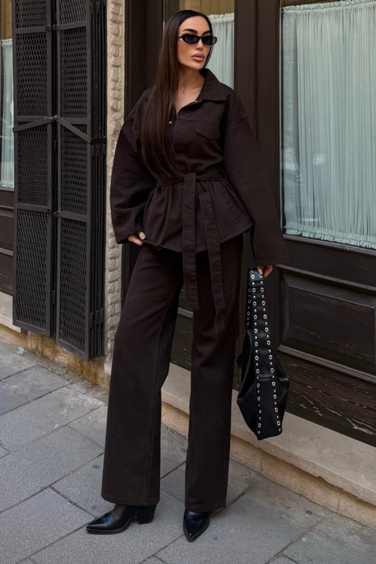 Bağlamalı Gömlke ve 5 Cepli Palazzo Pantolon Denim Takım