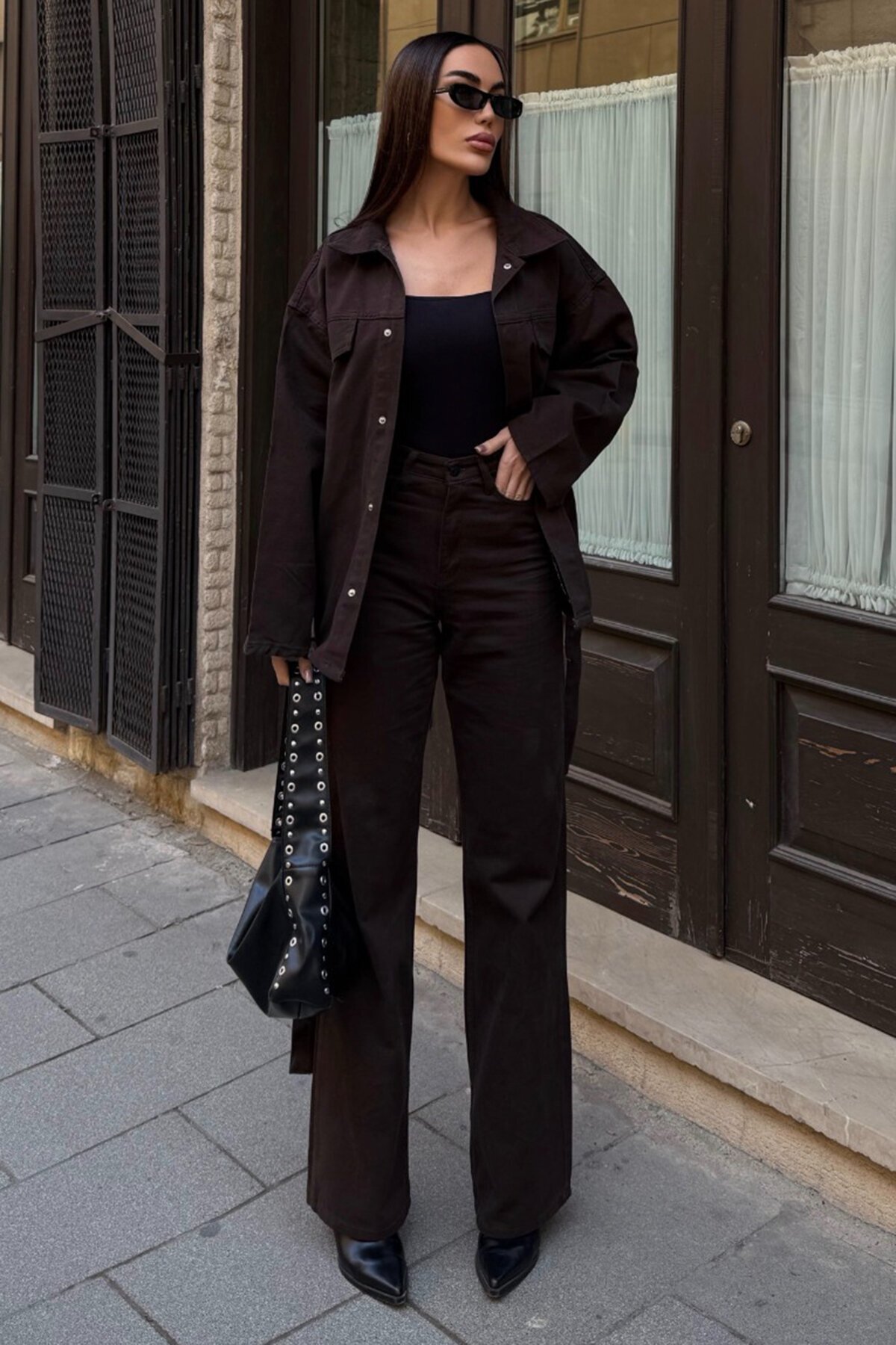 Bağlamalı Gömlke ve 5 Cepli Palazzo Pantolon Denim Takım