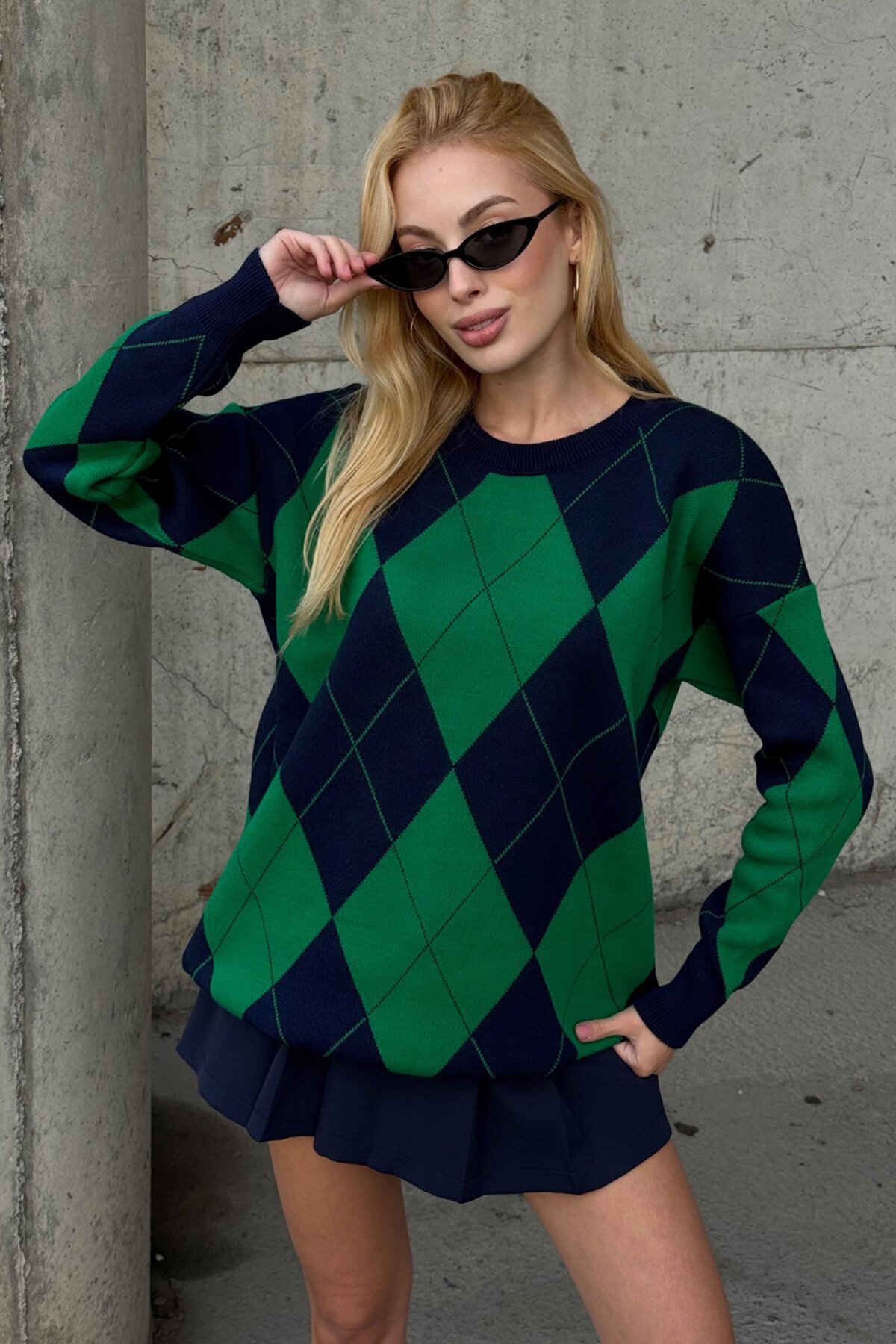 Baklava Desenli Bisiklet Yaka Triko Kazak