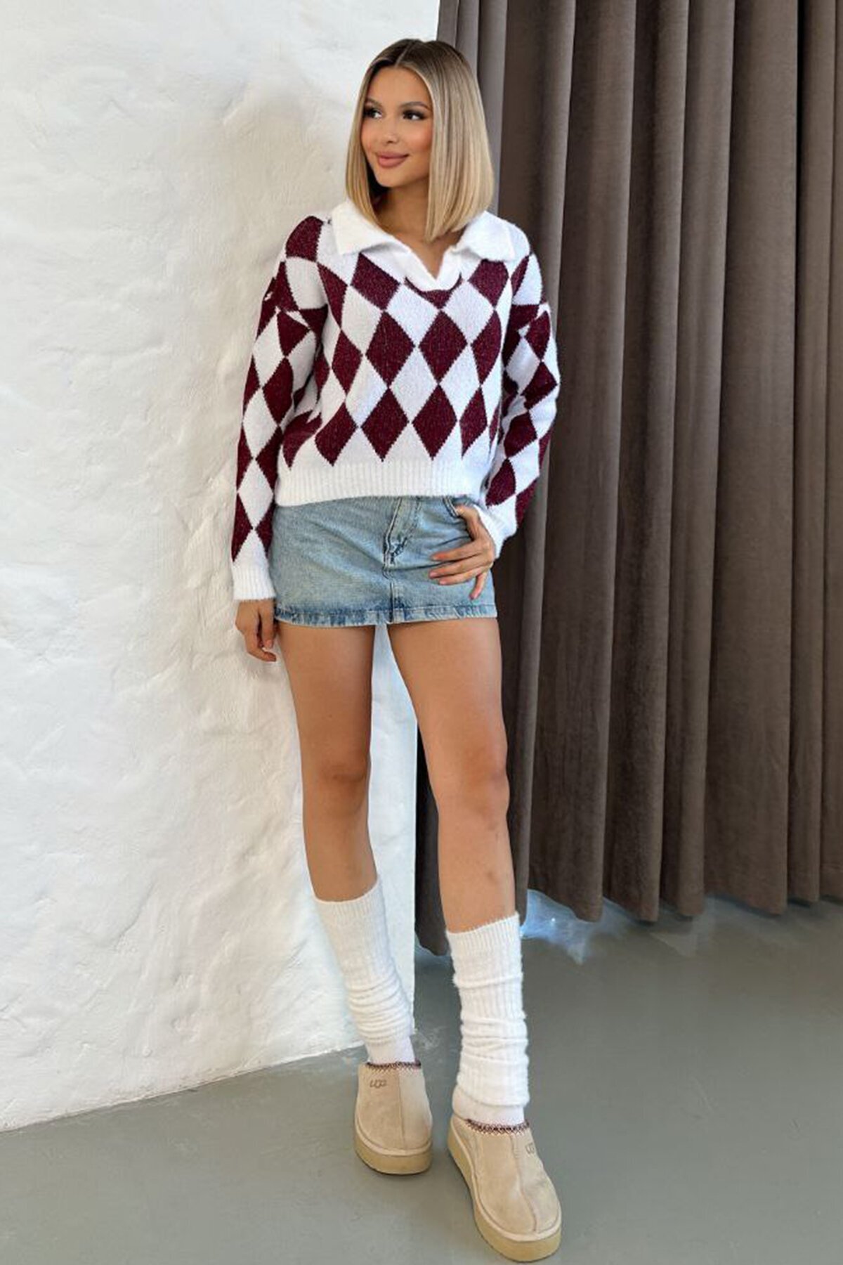 Baklava Desenli Polo Yaka Triko Kazak