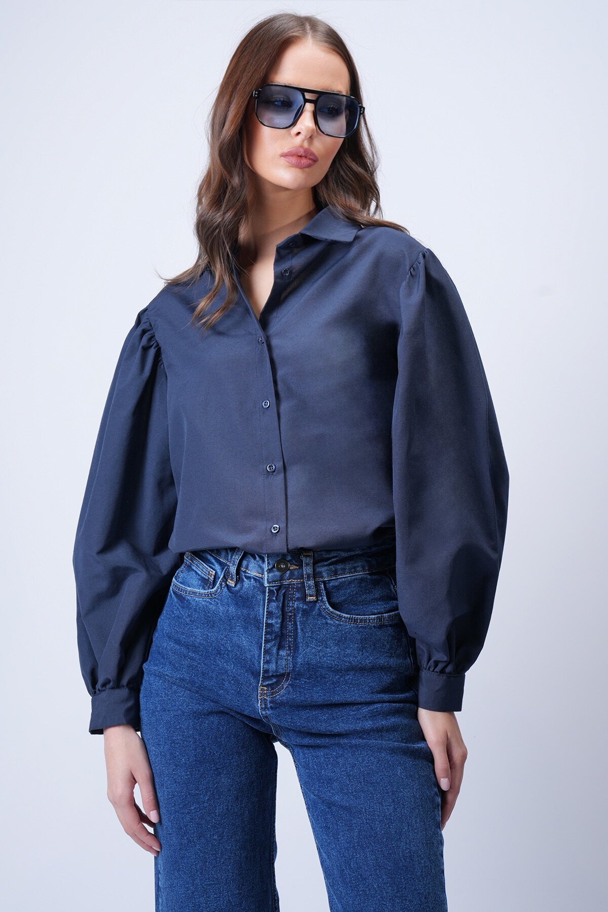 Lacivert Balon Kol Gömlek