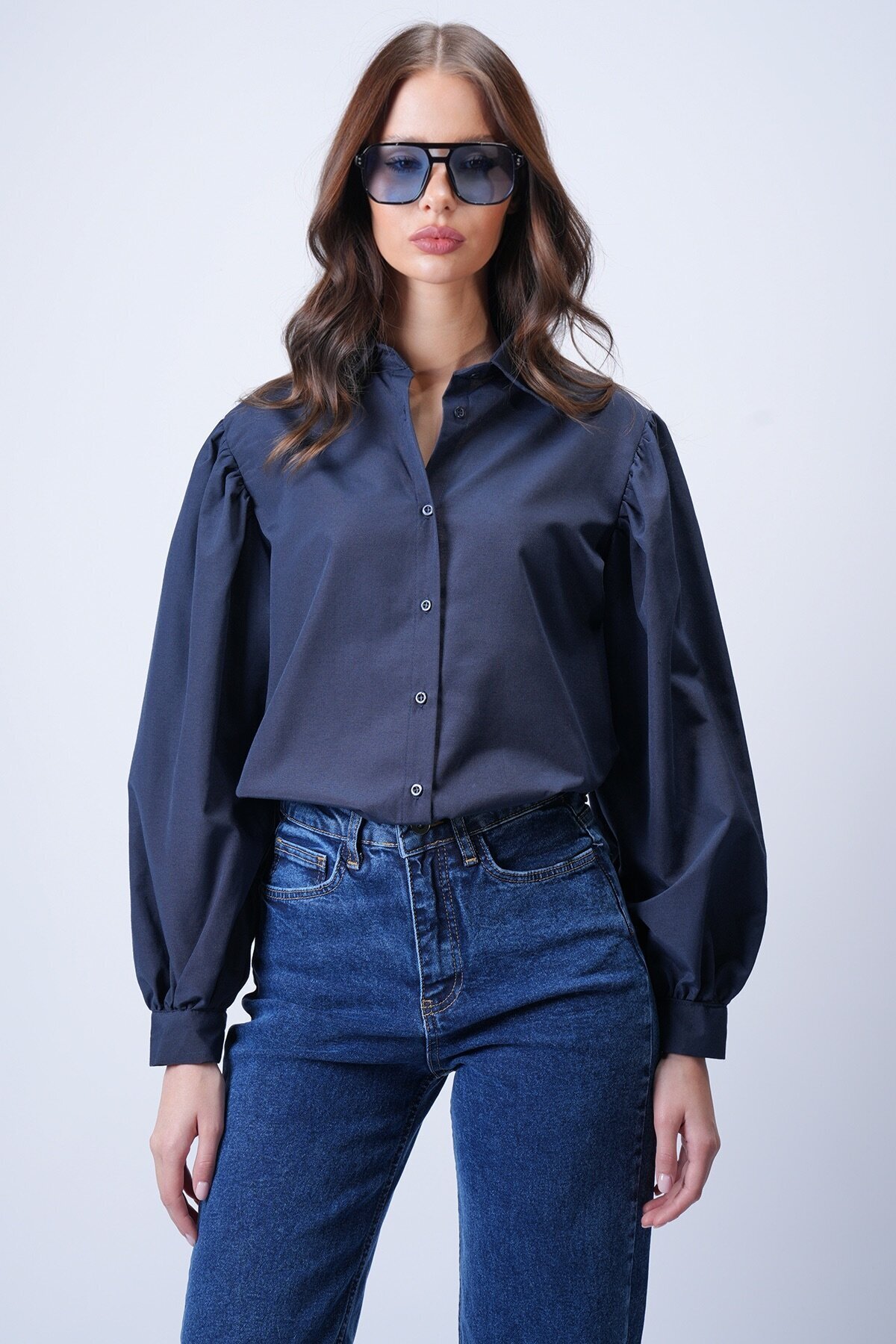 Lacivert Balon Kol Gömlek