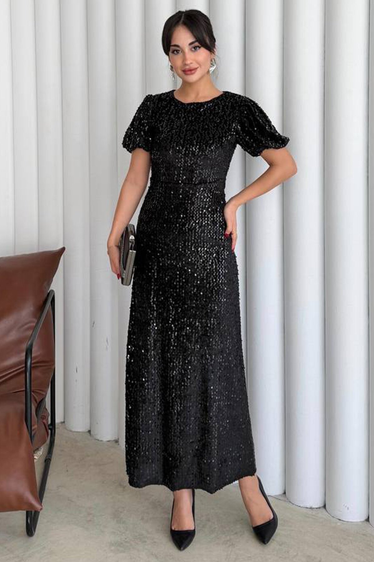 Balon Kol Taş İşlemeli Büzgülü Midi Boy Elbise