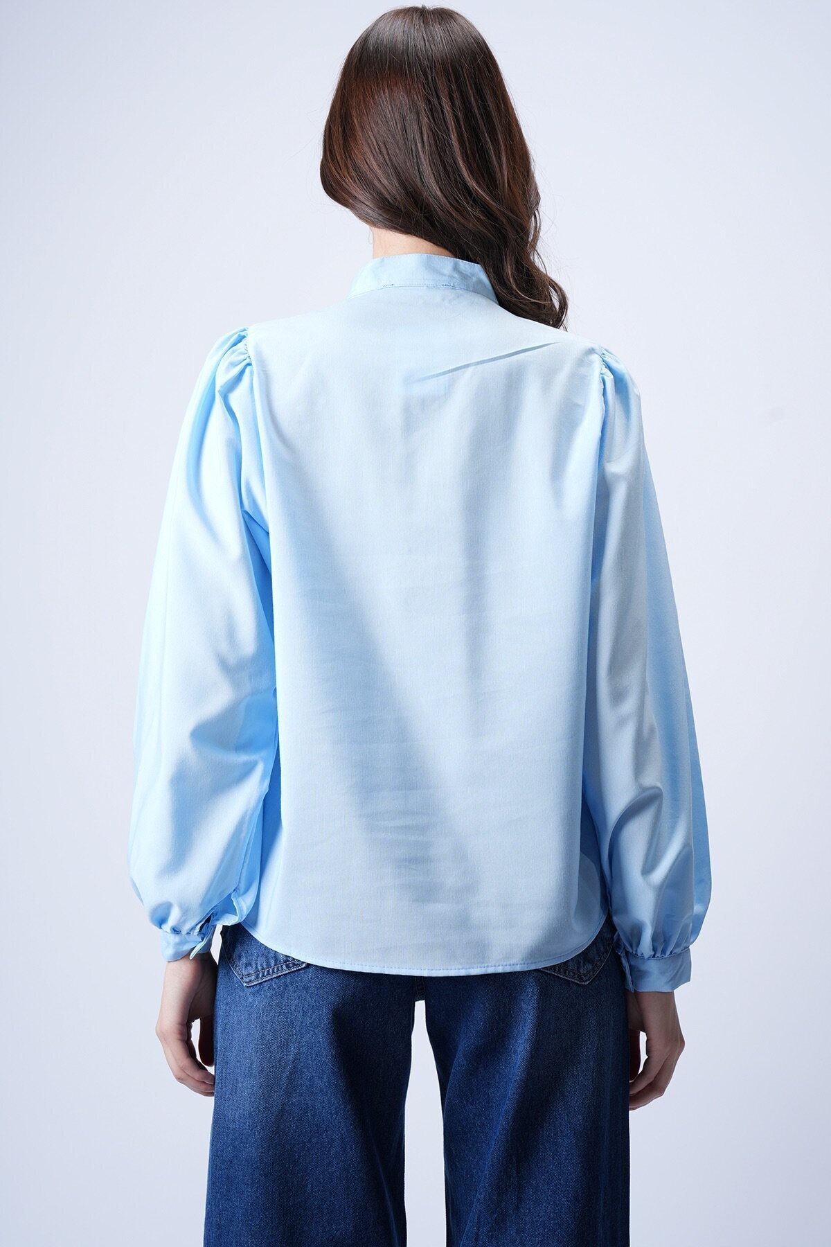 Bebe Mavi Hakim Yaka Önü Düğmeli Balon Kol Poplin Dokuma Gömlek