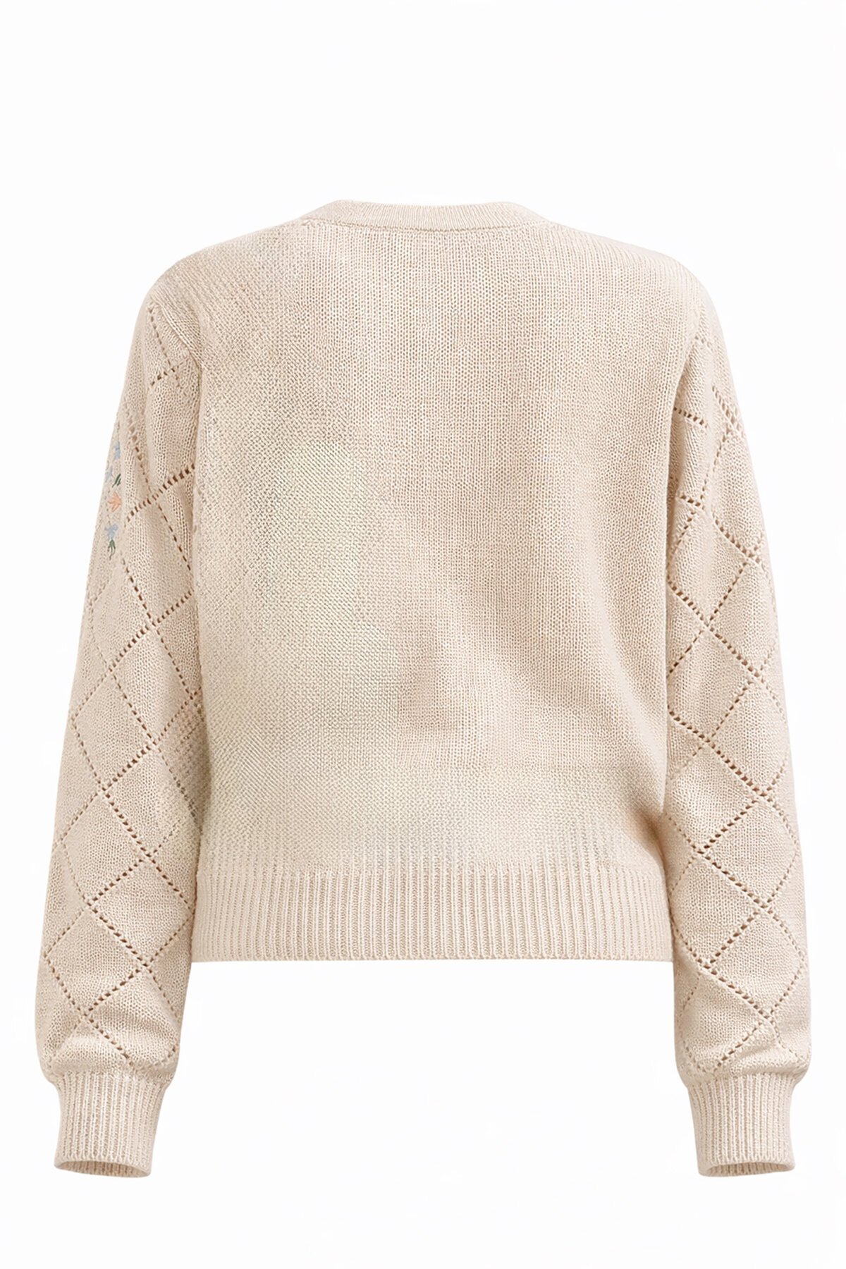 Bej Baklava Desenli Çiçek Nakışlı Triko Hırka