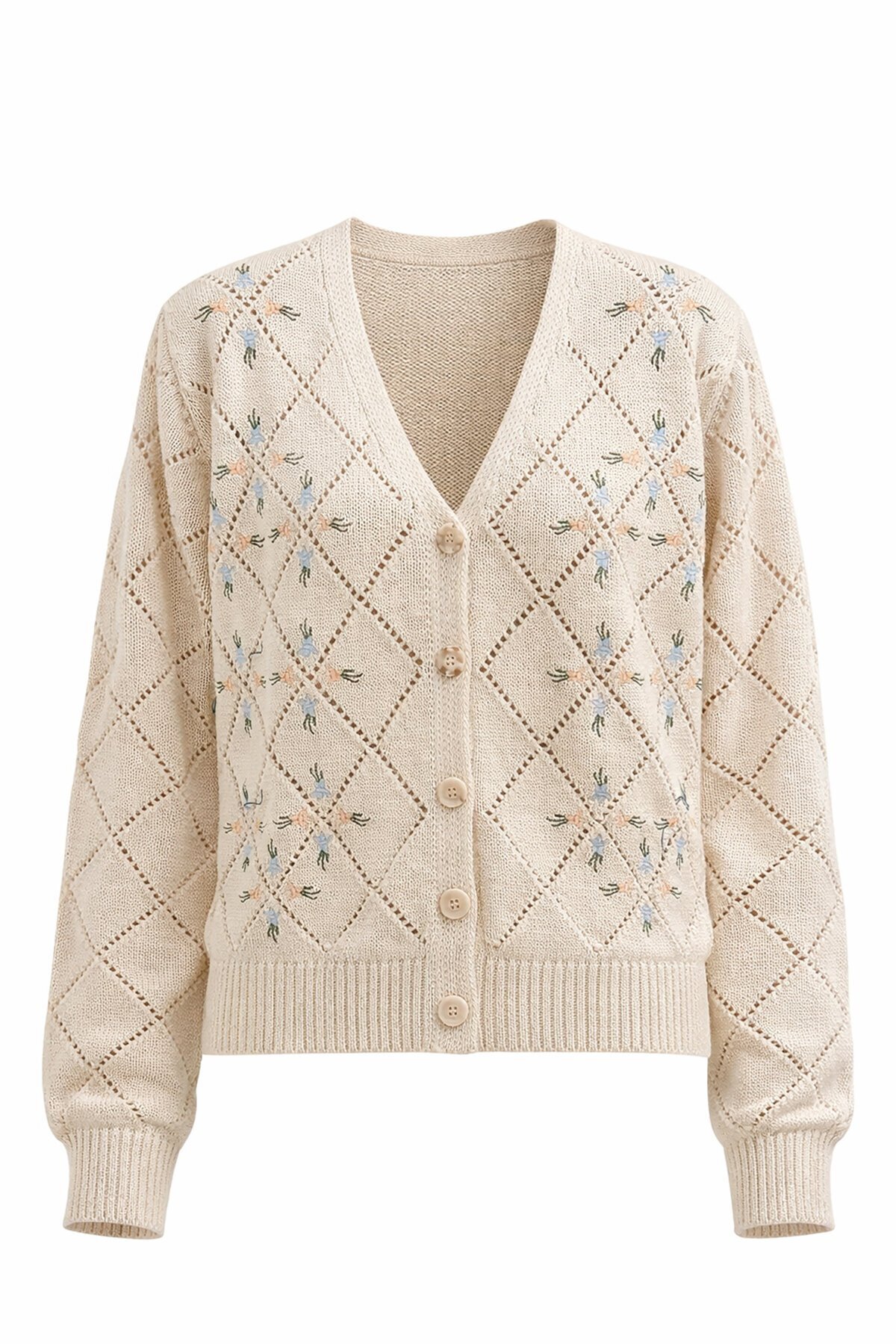 Bej Baklava Desenli Çiçek Nakışlı Triko Hırka