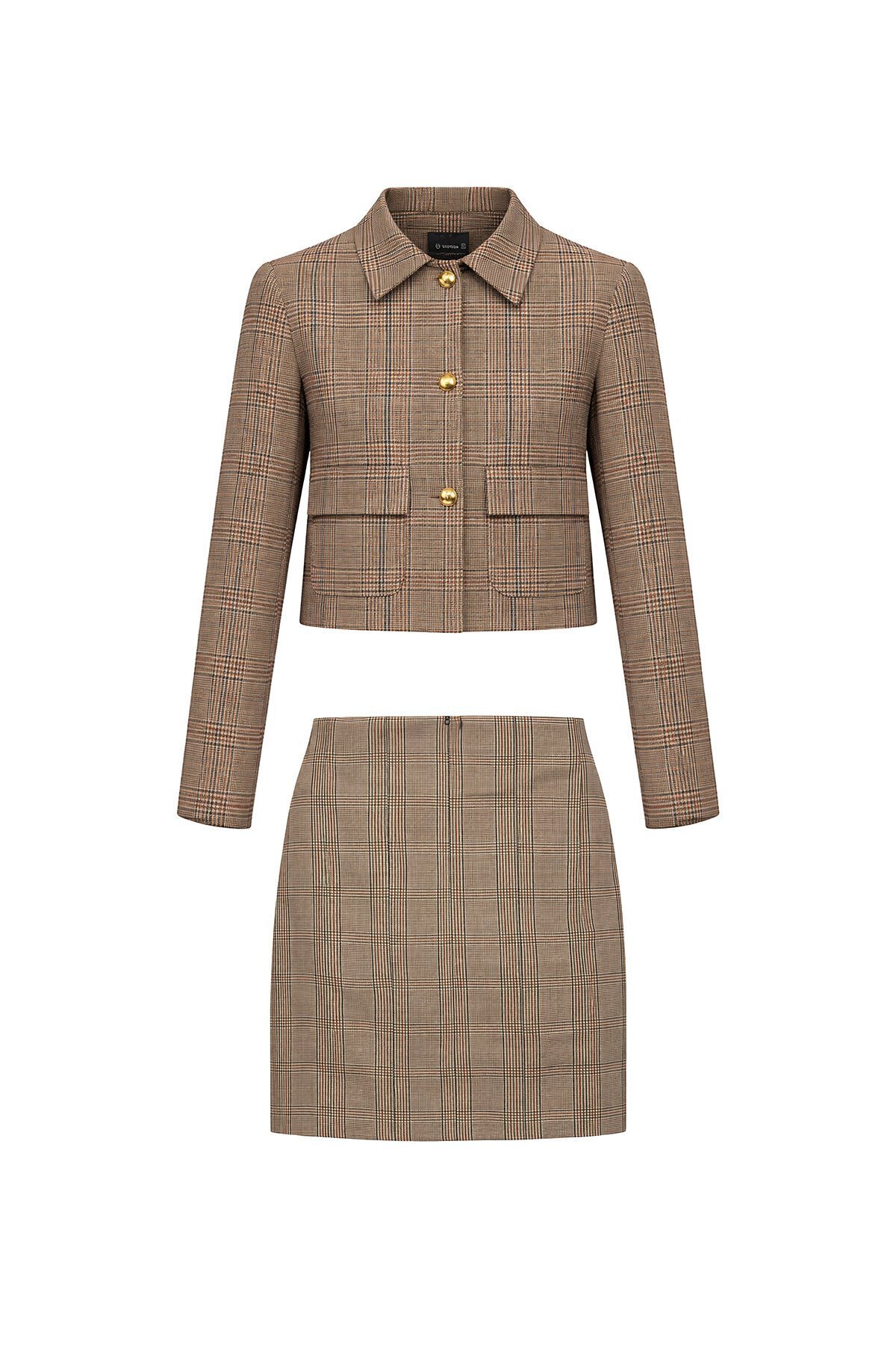 Bej Ekoseli Kısa Blazer Ceket