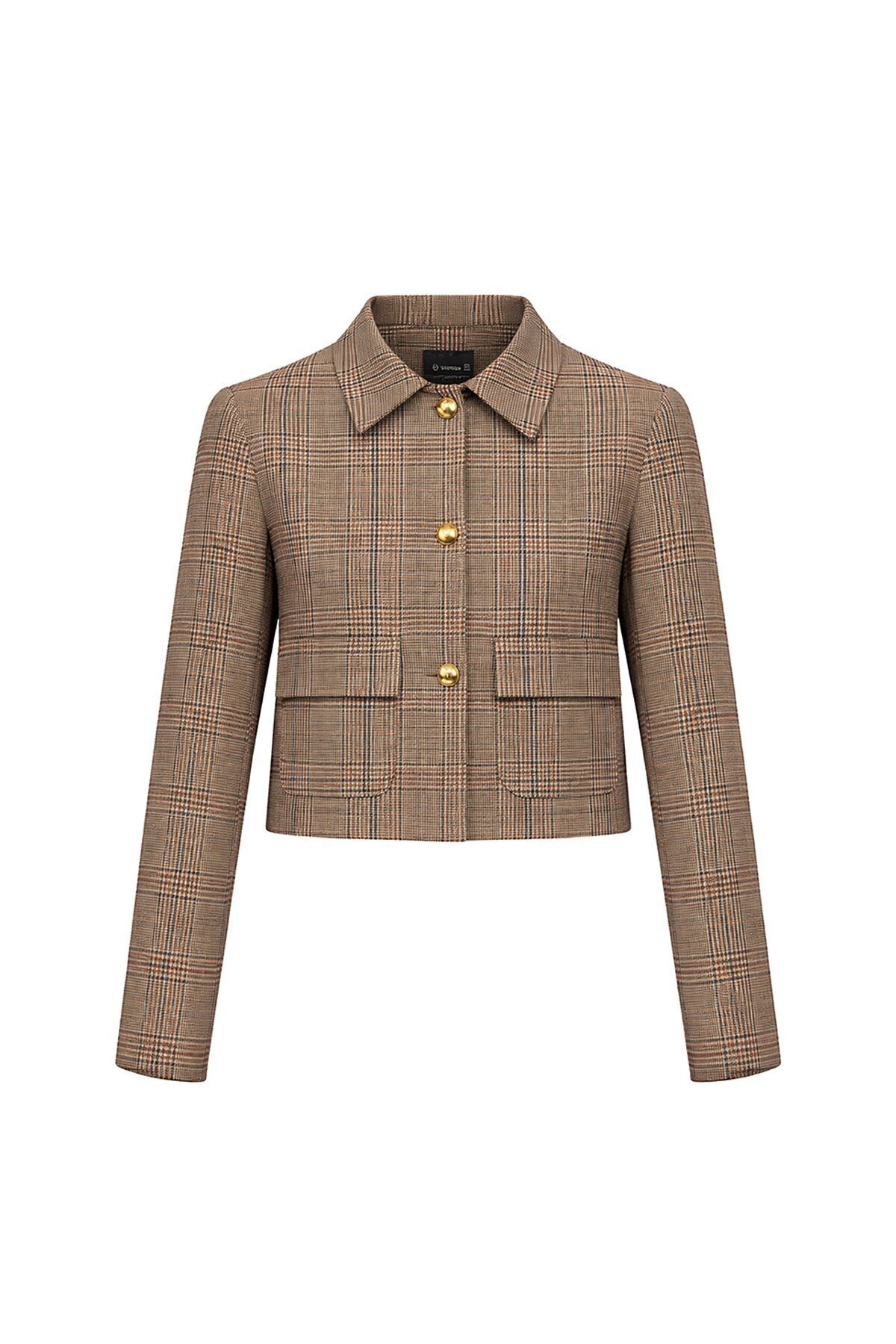 Bej Ekoseli Kısa Blazer Ceket