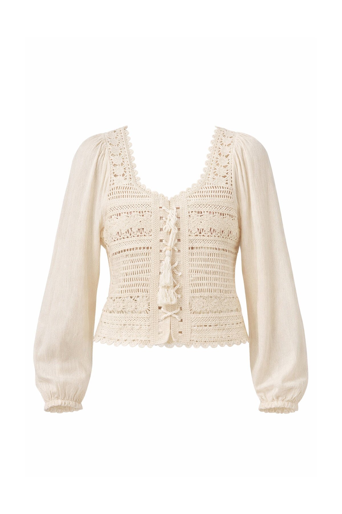 Bej Kare Yaka Önü Bağlamalı Kroşata Dokuma Crop Bluz