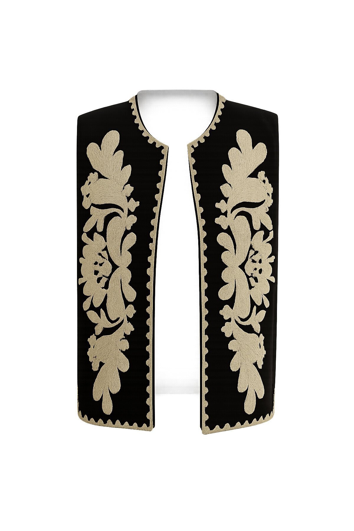 Bej Nakış İşlemeli Özel Tasarım Keten Yelek