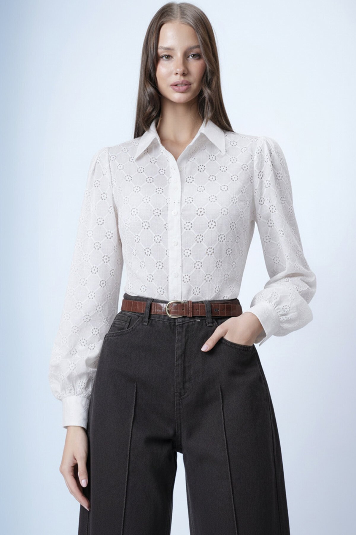 Beyaz Güpür Dokuma Premıum Gömlek