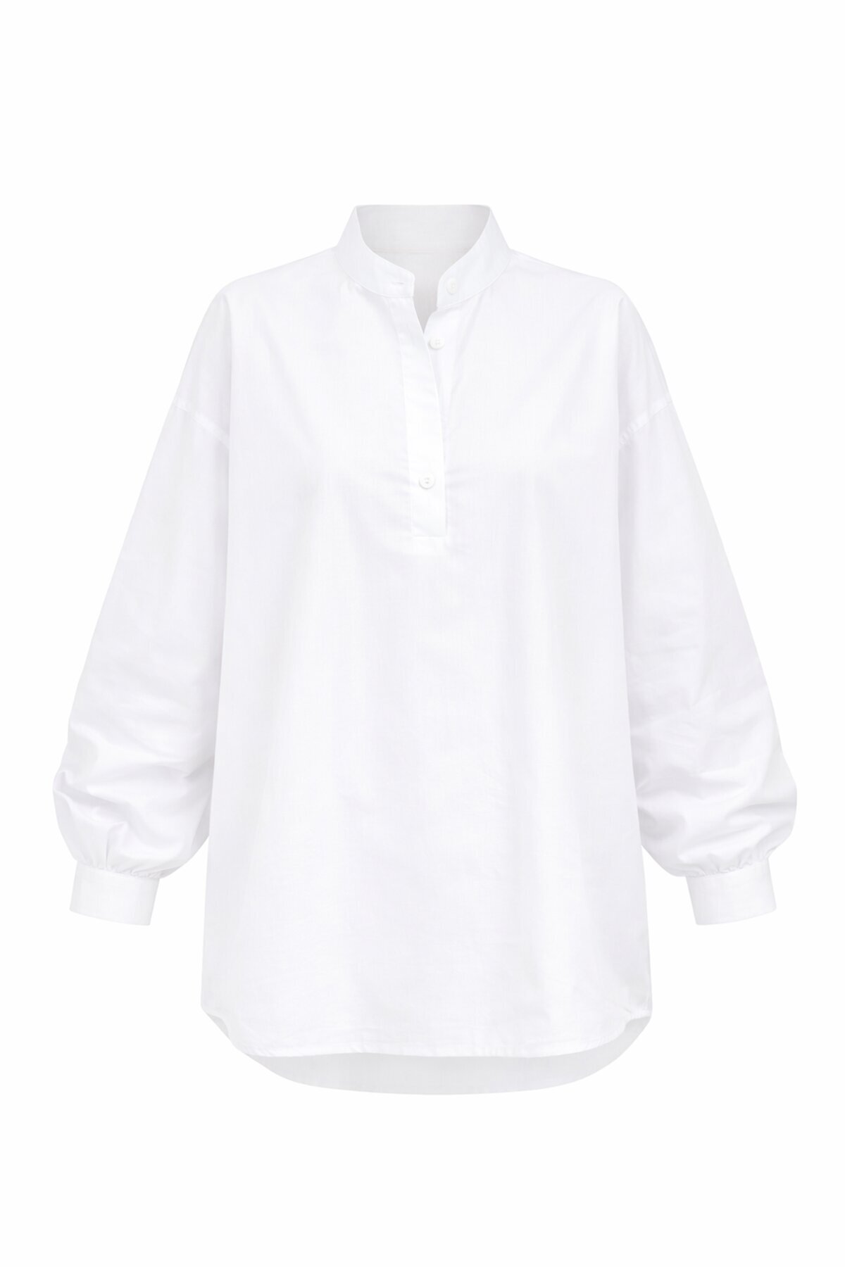 Beyaz Hakim Yaka Yarım Pat Balon Kol Poplin Dokuma Gömlek