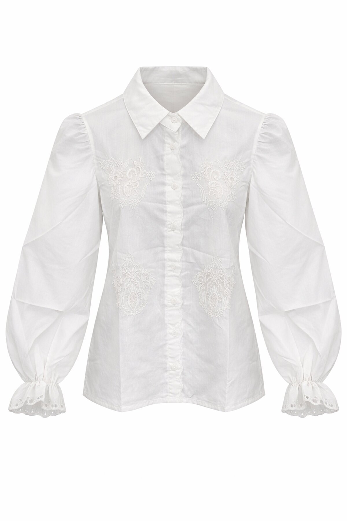 Beyaz Prenses Kol Güpür Nakışlı Dokuma Gömlek