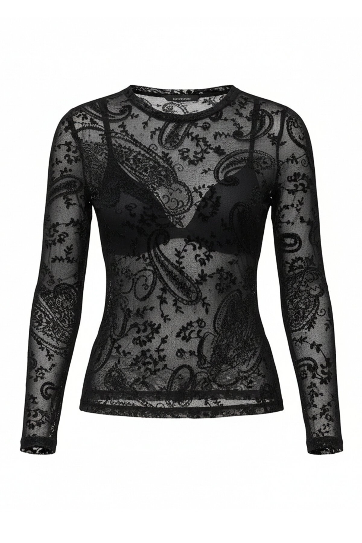 Bisiklet Flok Baskılı Tül Detaylı Bluz