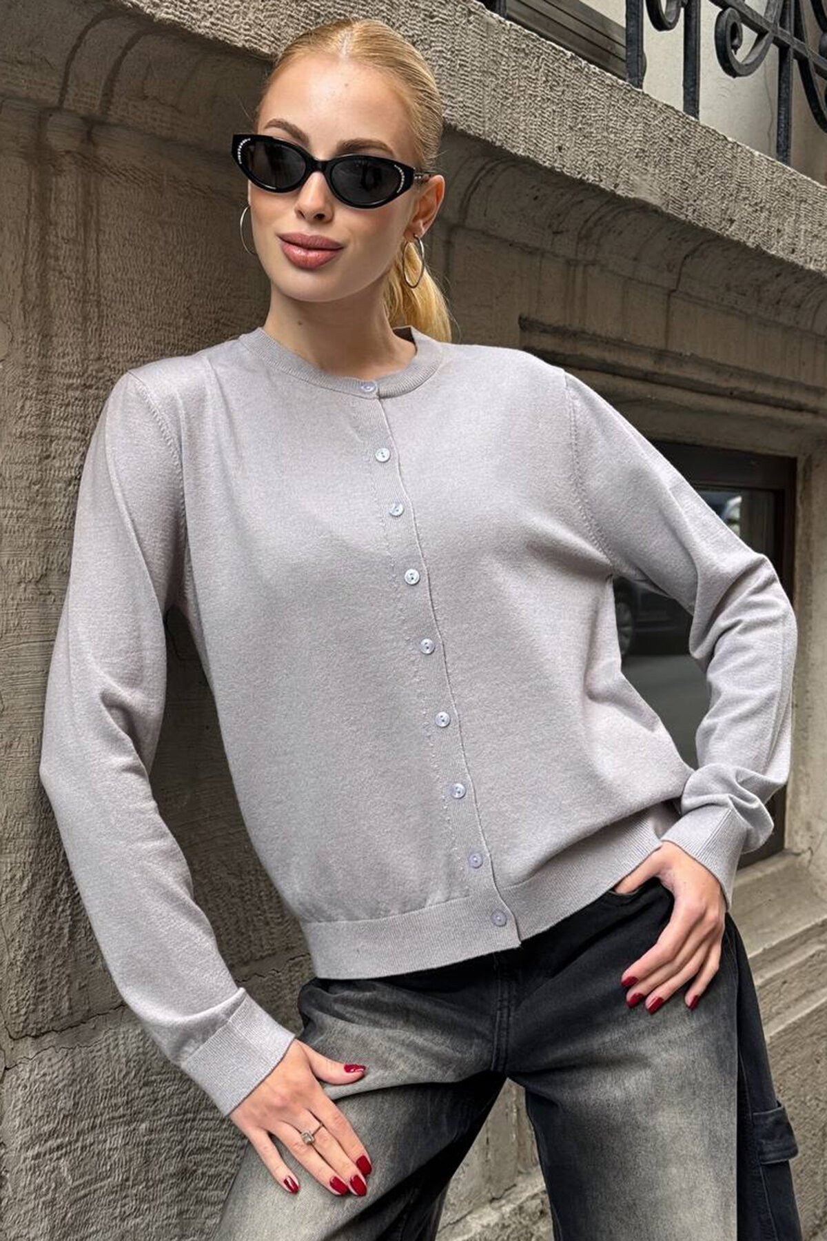 Bisiklet Yaka Düğmeli Triko Hırka