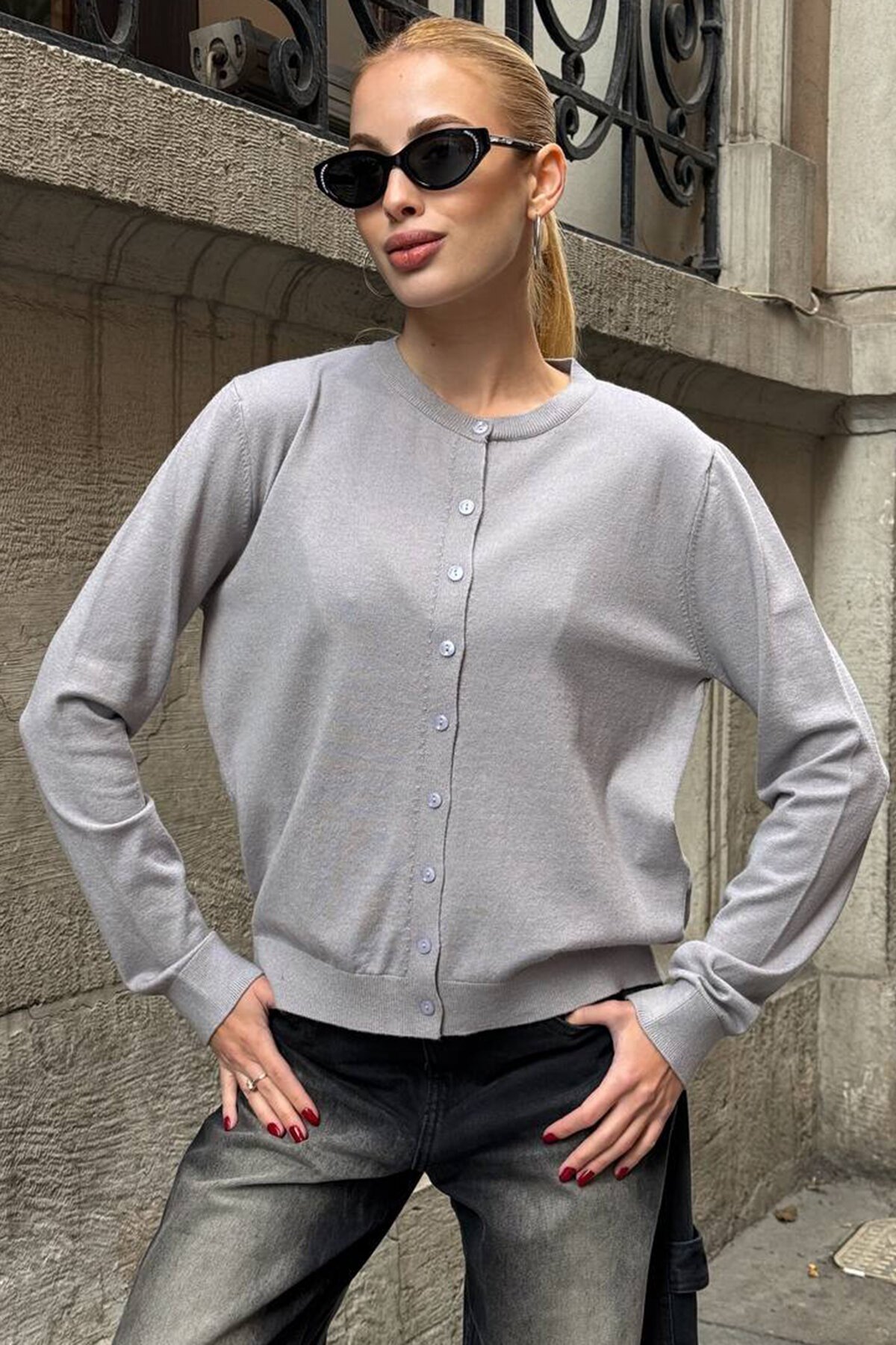 Bisiklet Yaka Düğmeli Triko Hırka