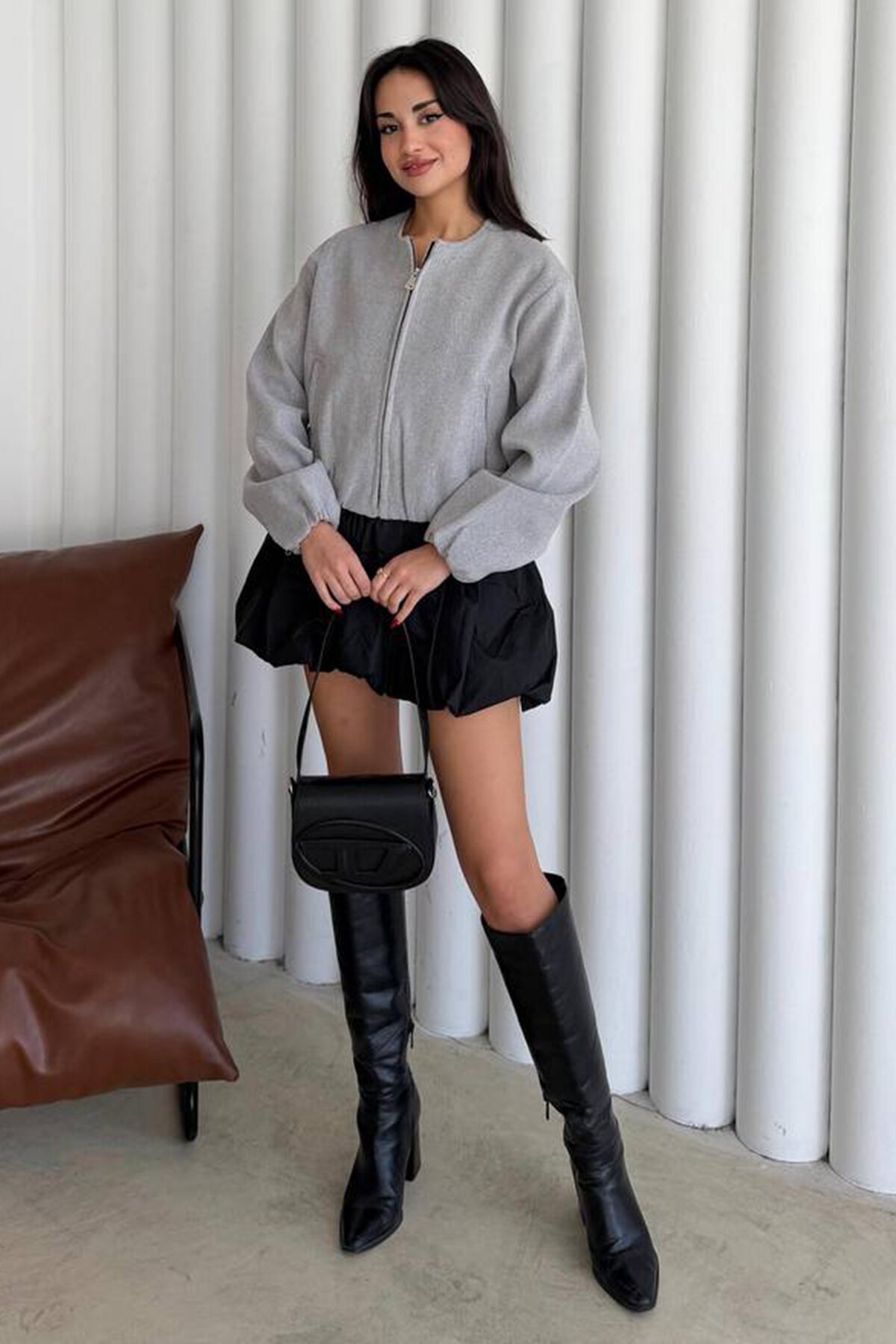 Bisiklet Yaka Fermuarlı Bomber Ceket