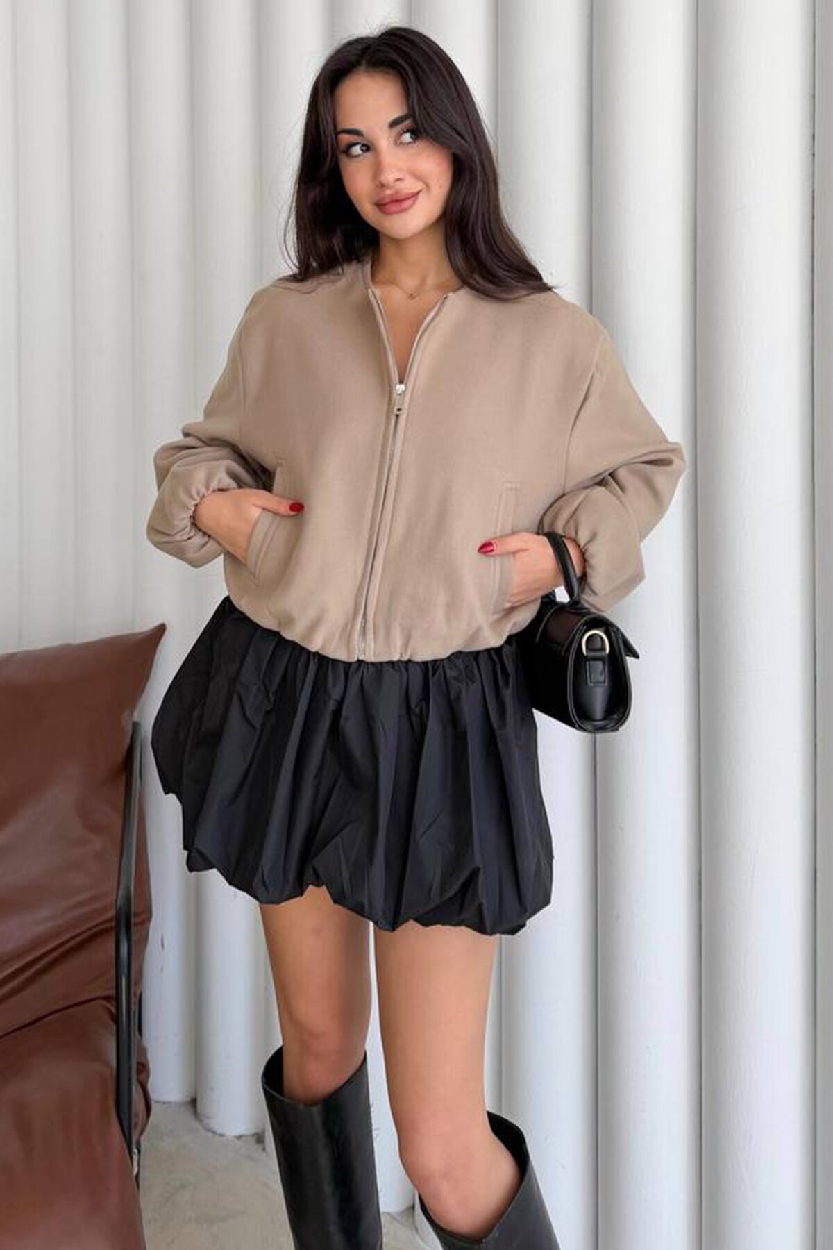 Bisiklet Yaka Fermuarlı Bomber Ceket