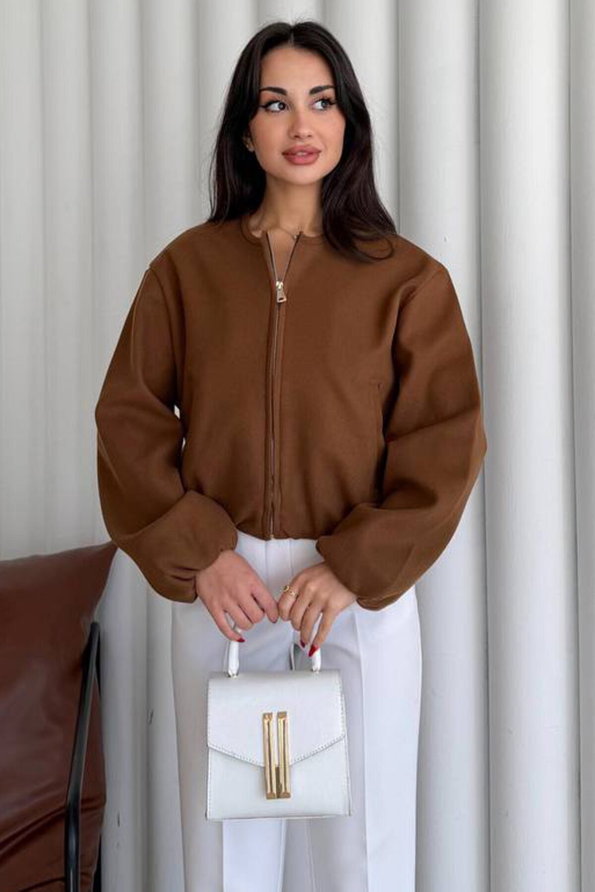 Bisiklet Yaka Fermuarlı Bomber Ceket