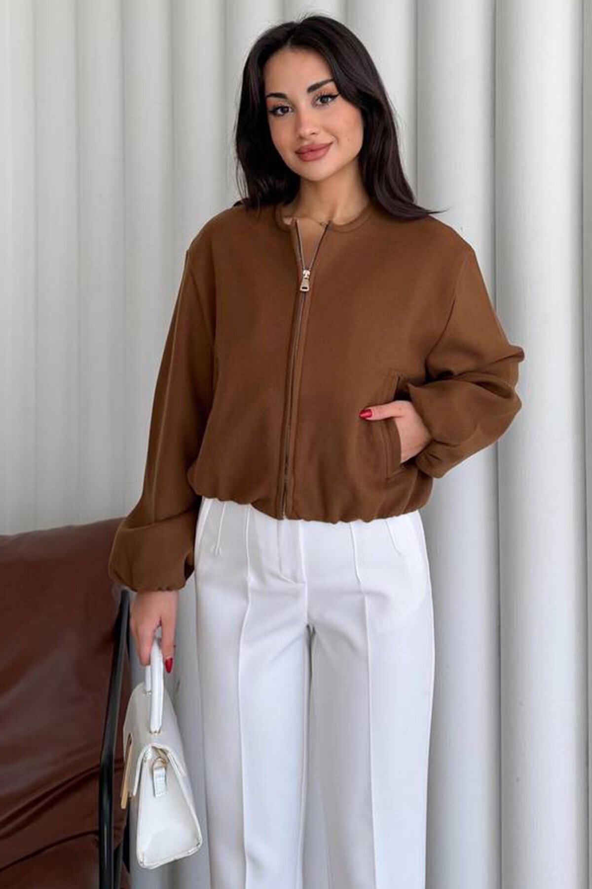 Bisiklet Yaka Fermuarlı Bomber Ceket