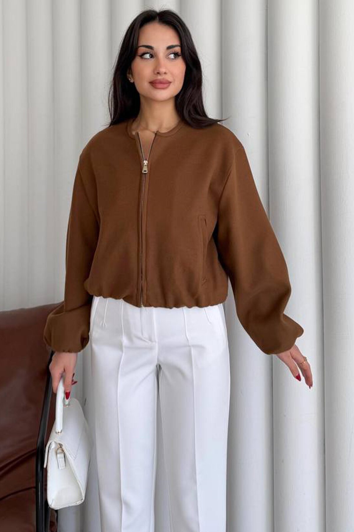 Bisiklet Yaka Fermuarlı Bomber Ceket