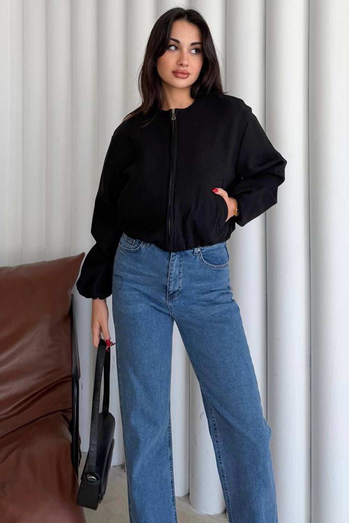 Bisiklet Yaka Fermuarlı Bomber Ceket