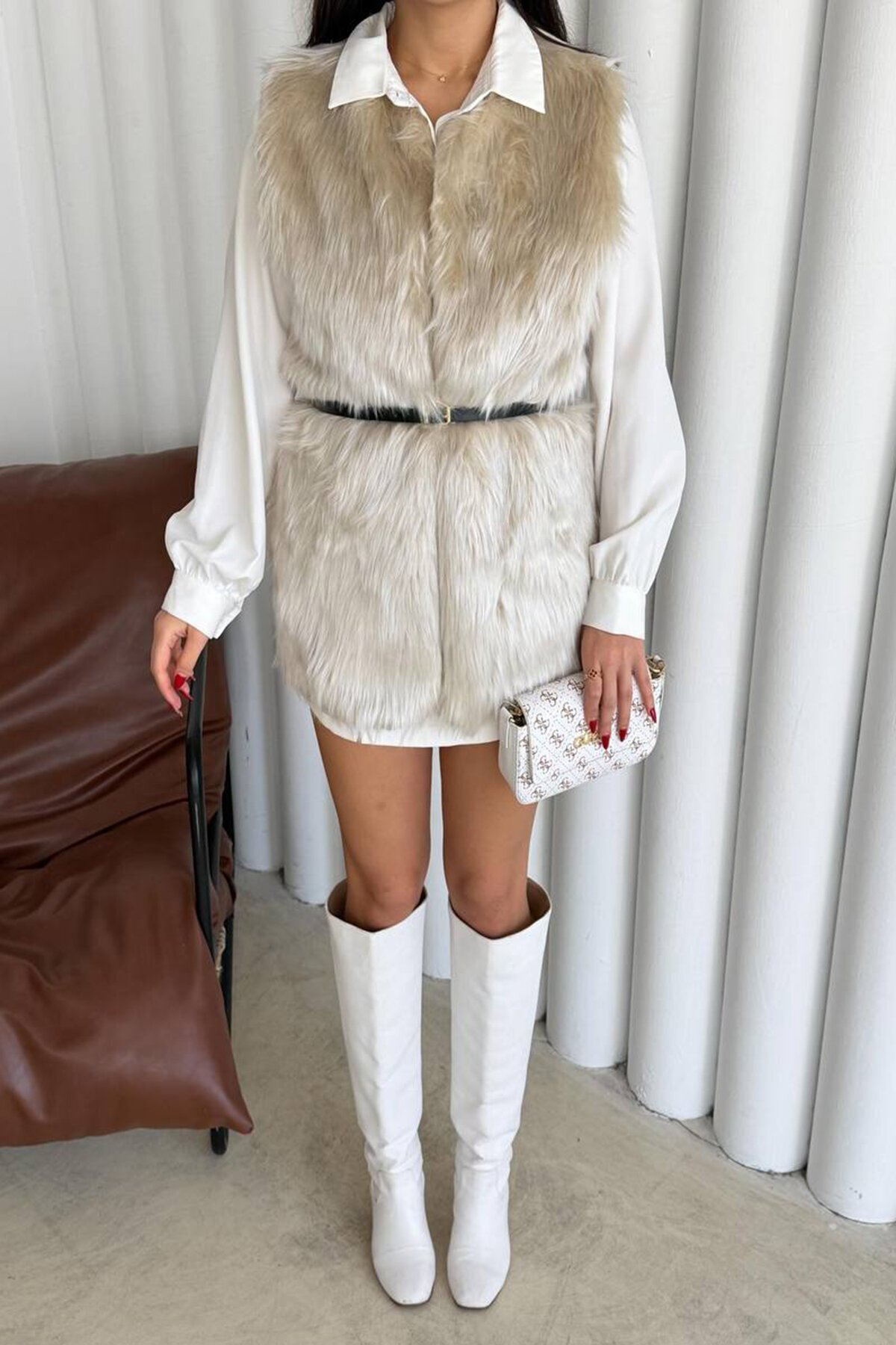 Bisiklet Yaka Kemerli Peluş Yelek