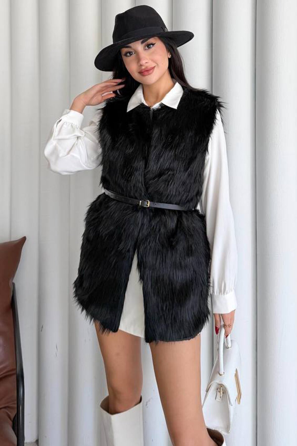 Bisiklet Yaka Kemerli Peluş Yelek