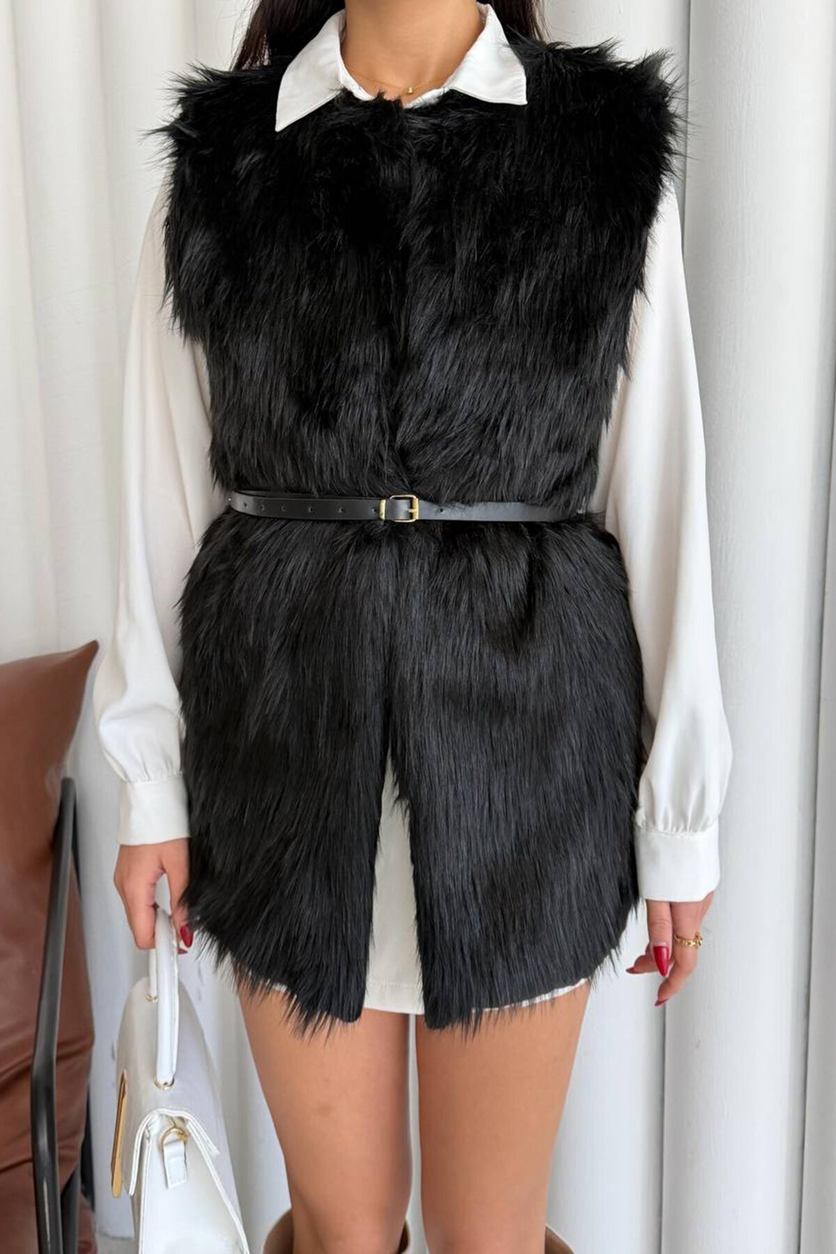 Bisiklet Yaka Kemerli Peluş Yelek